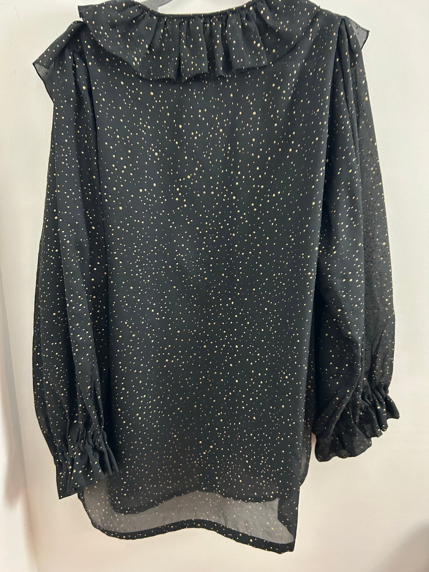 Vintage 1980s Size 16/18 Black & Gold Glittery Spot Pattern Ruffle Trim Long Sleeve Blouse