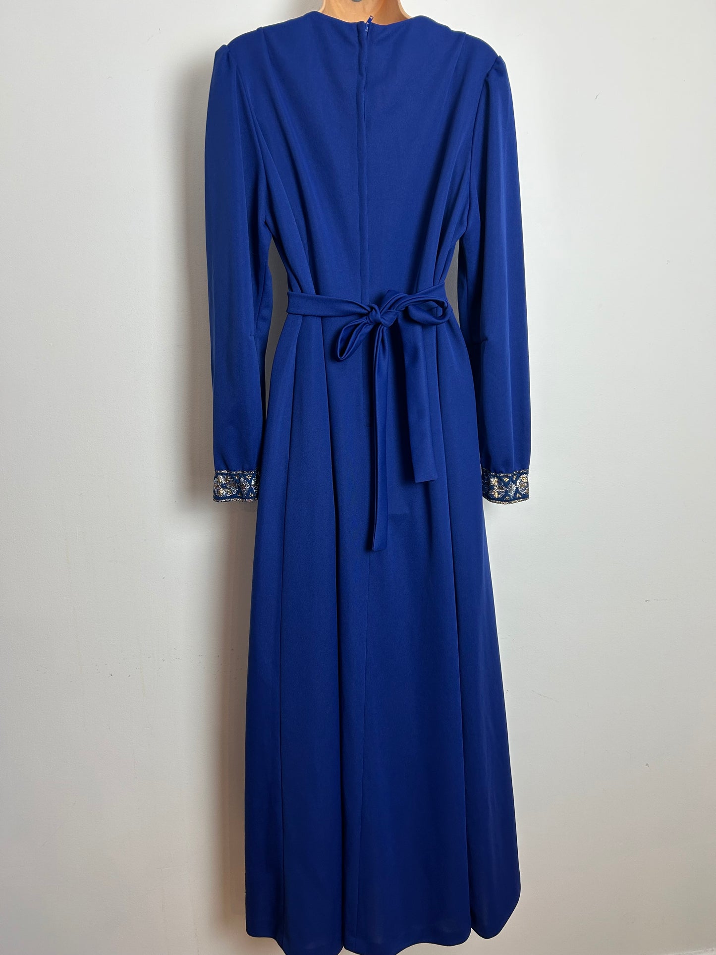 Vintage 1970s Size 16 Navy Blue Silver & Gold Braid Trim Long Sleeve Tie Back Evening Maxi Dress