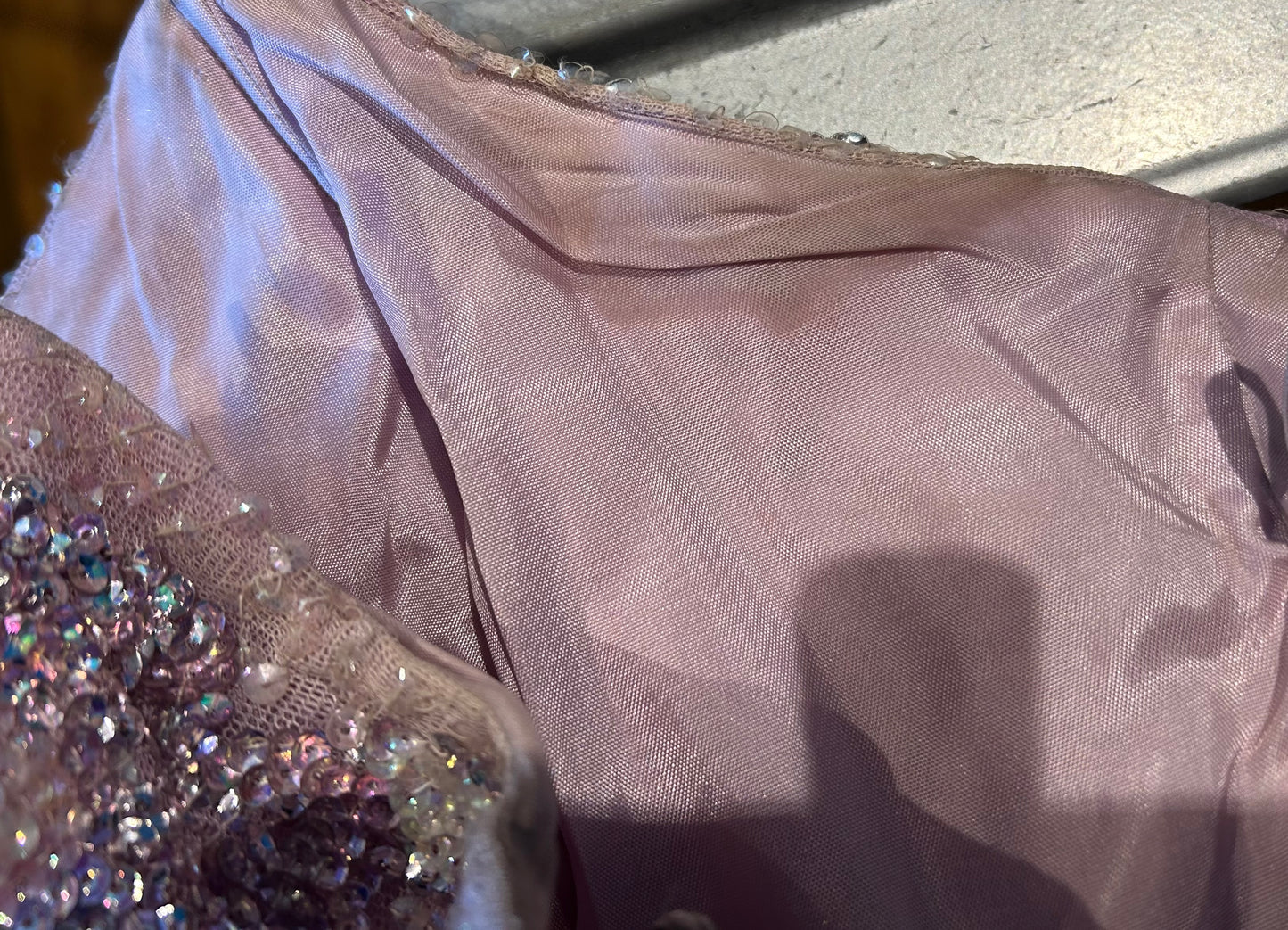 Vintage Early 1950s (Possibly 1940s) UK Size 6 Pale Mauve Tulle Net Sequin Strapless Princess Ballgown