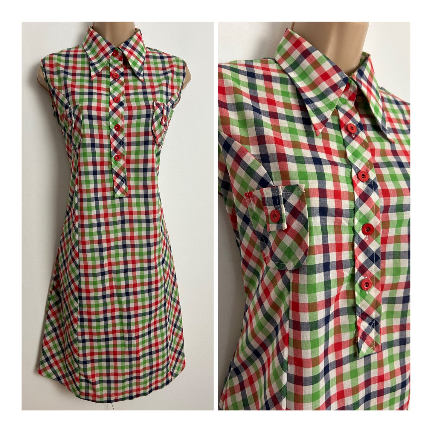 Vintage 1970s Size 12 White Green Red & Blue Check Print Cotton Mix Sleeveless Mod Shift Dress