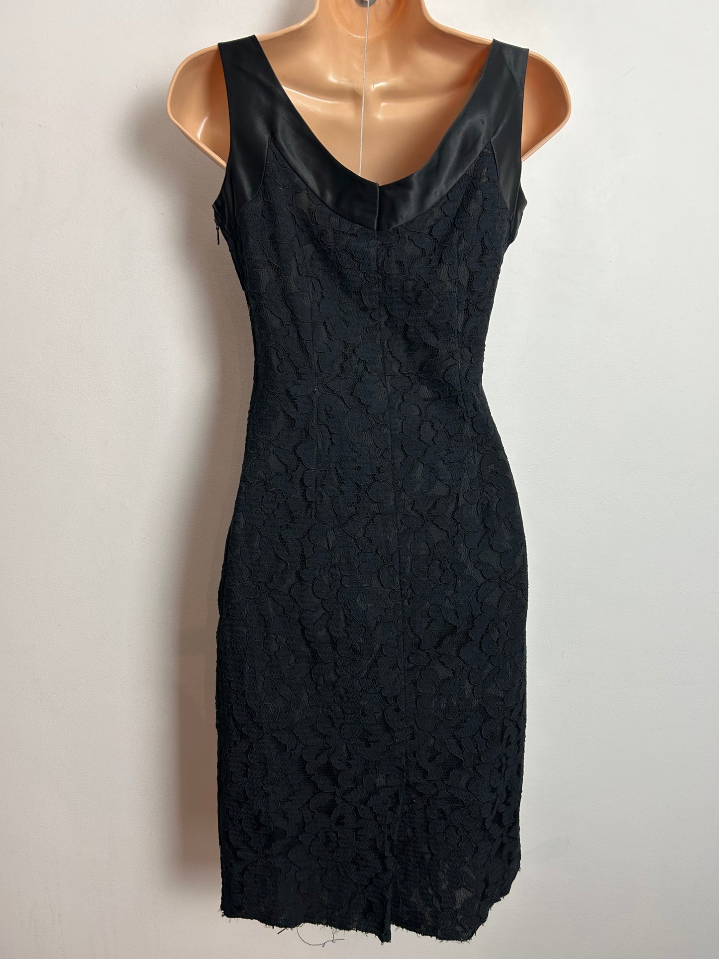 Vintage 1960s UK Size 6-8 Black Lace & Satin Trim Fitted Wiggle Little Black Dress