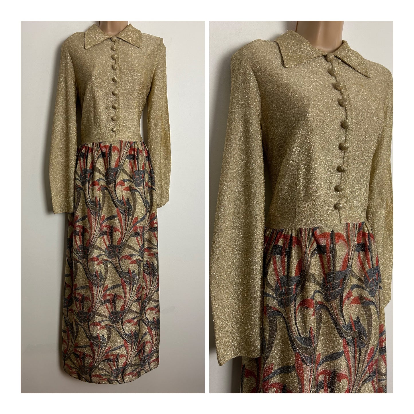 Vintage 1970s MONTIGO BAY UK Size 10 Gold Red & Grey Abstract Leaf Print Long Sleeve Lurex Occasion Maxi Dress
