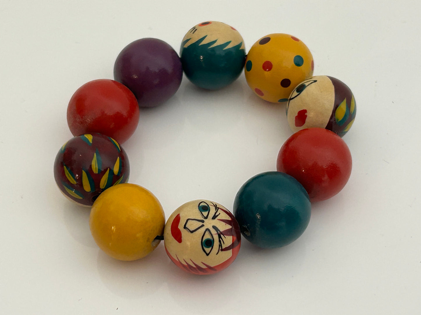 Vintage 1980s Handmade Handpainted Multicolour Wooden Bead Bracelet