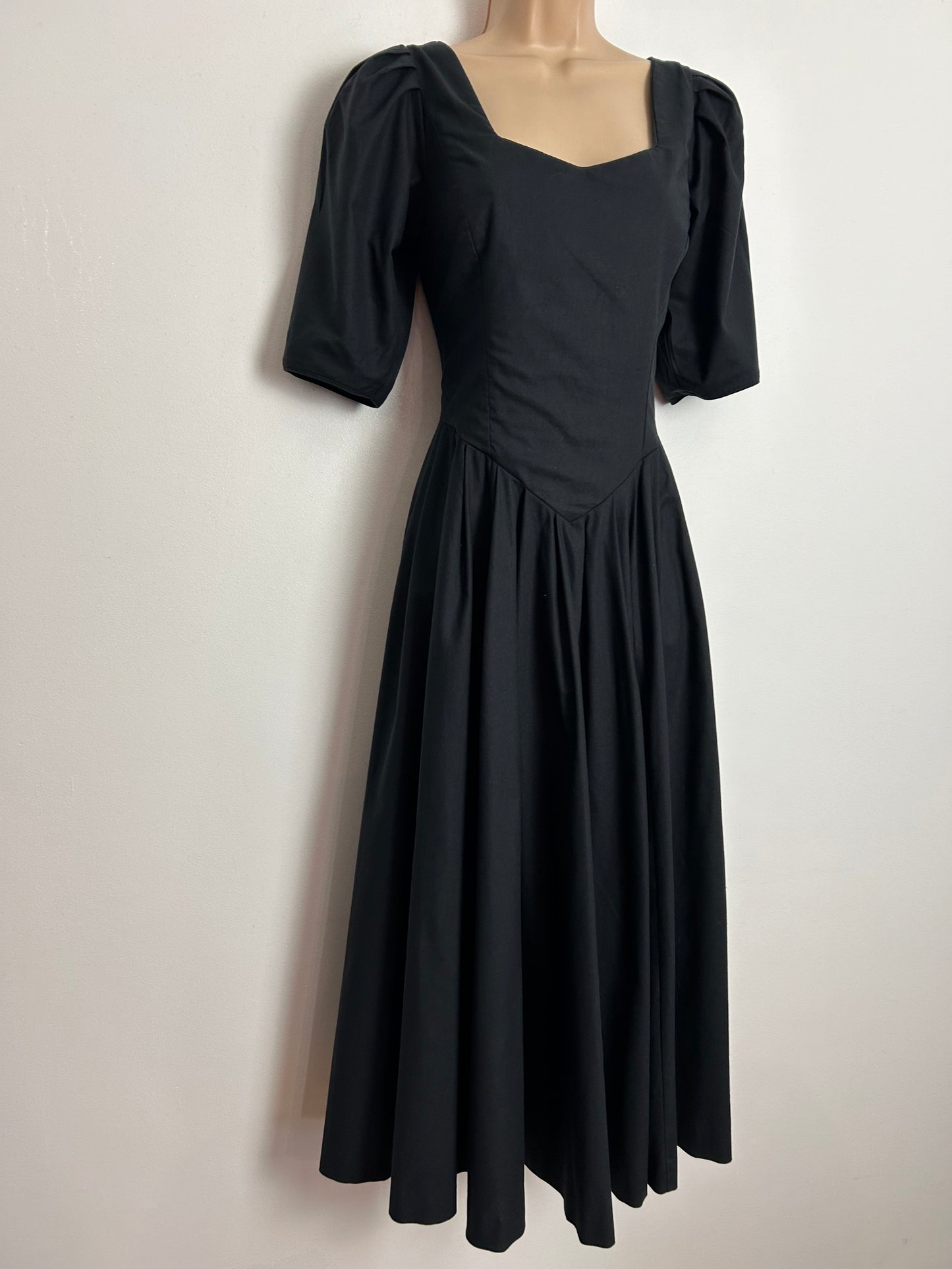 Vintage 1980s LAURA ASHLEY UK Size 8 (Size 12 On Label) Black Cotton Pleated Ballgown Party Dress