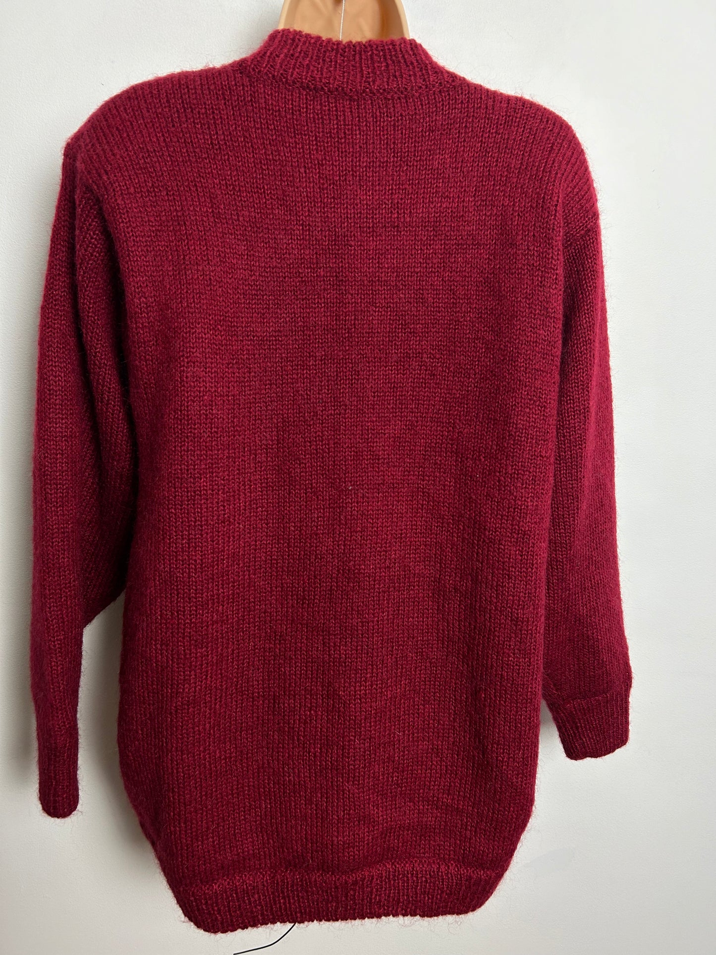 Vintage 1980s Up To Size 16 Dark Red & Grey Wool Embroidered Leaf Pattern Chunky Cardigan