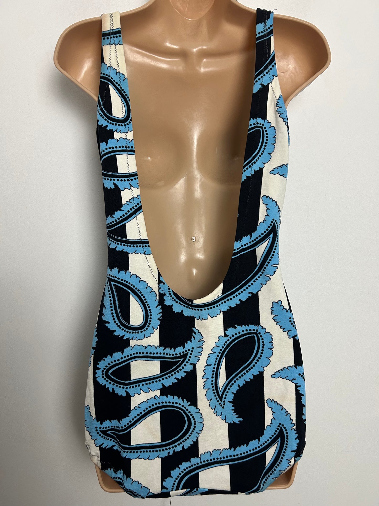 Vintage 1960s TRIOLA Size 16 Black White & Blue Stripe & Paisley Print Moulded Cup Swimsuit