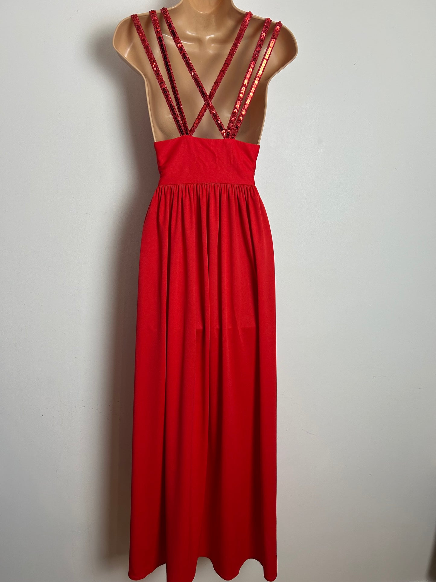 Vintage 1970s Size 6 Red Triple Sequin Strap Special Occasion Evening Maxi Dress
