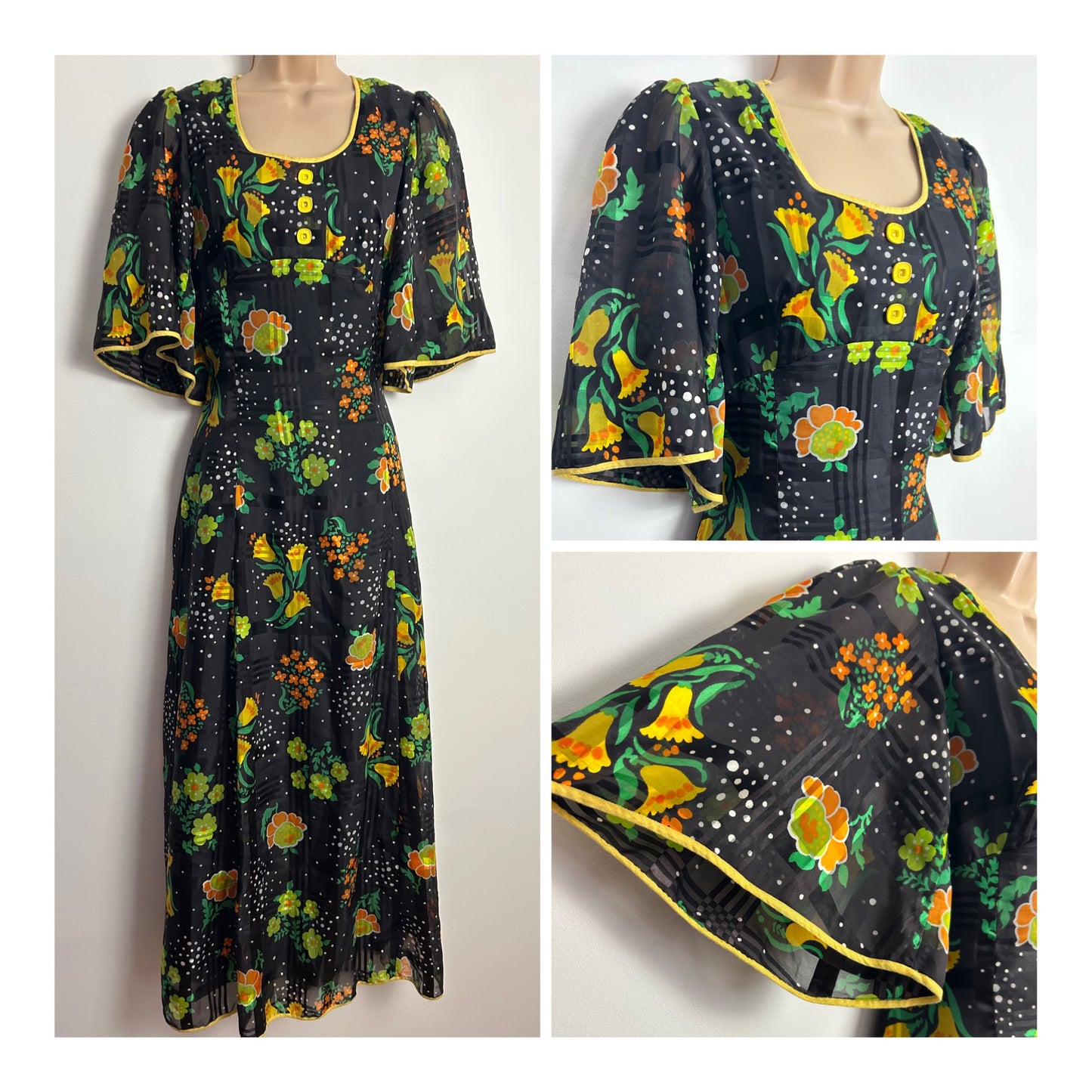 Vintage 1970s Size 8 Black Yellow Orange & Green Floral & Polka Dot Print Short Flared Sleeve Maxi Dress