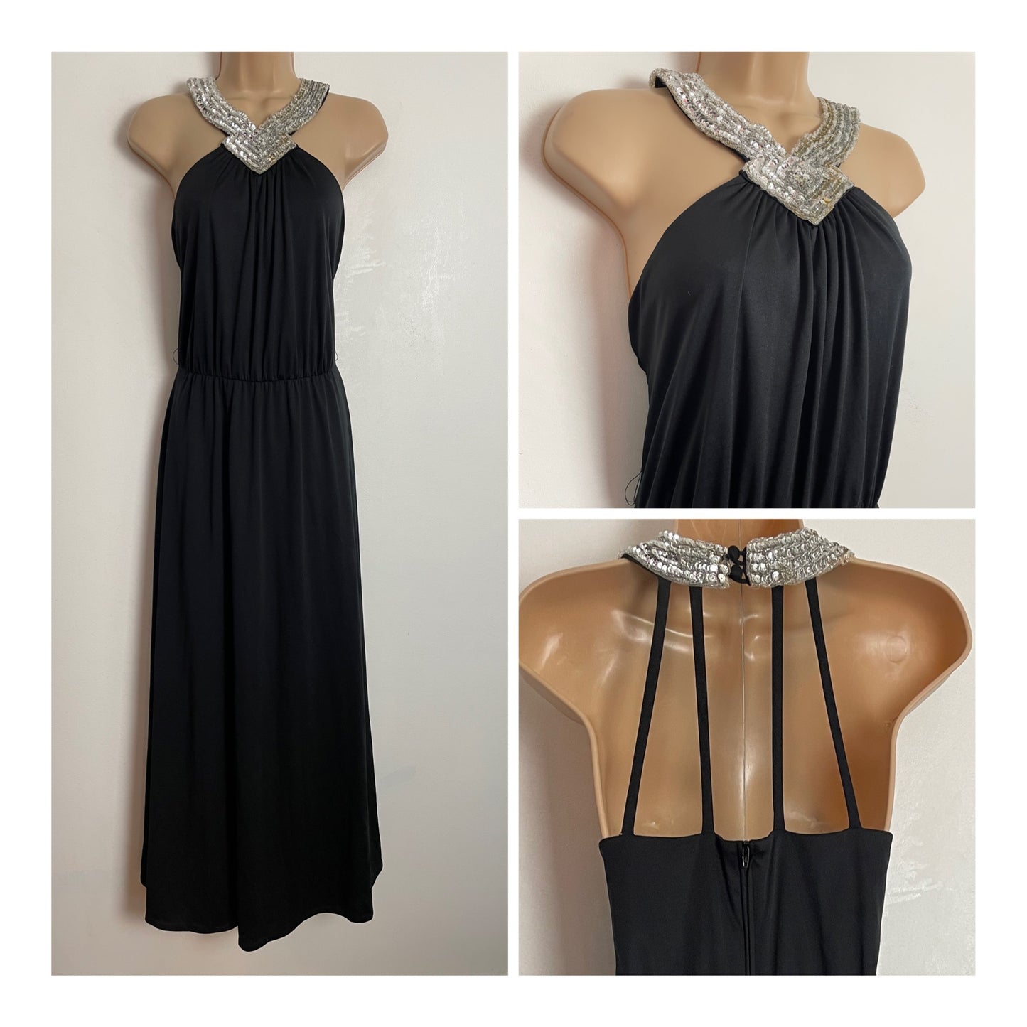 Vintage 1970s UK Size 10 Black Silver Sequin Halterneck Cage Back Evening Maxi Dress