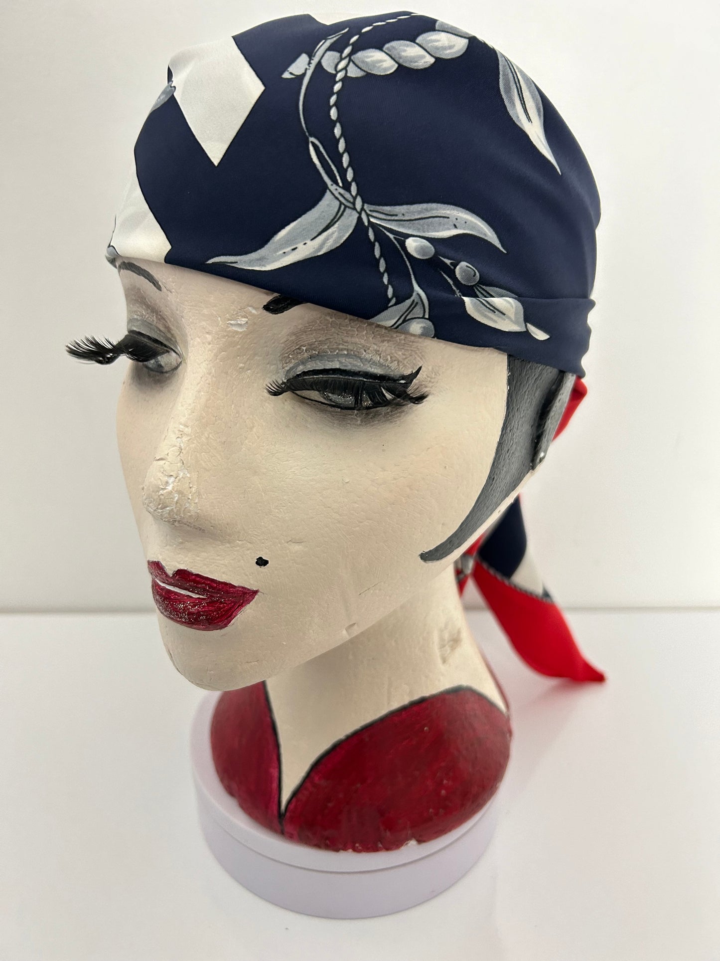 Vintage Red Navy Blue White & Grey Floral Wreath & Rope Print Scarf 70cm x 70cm
