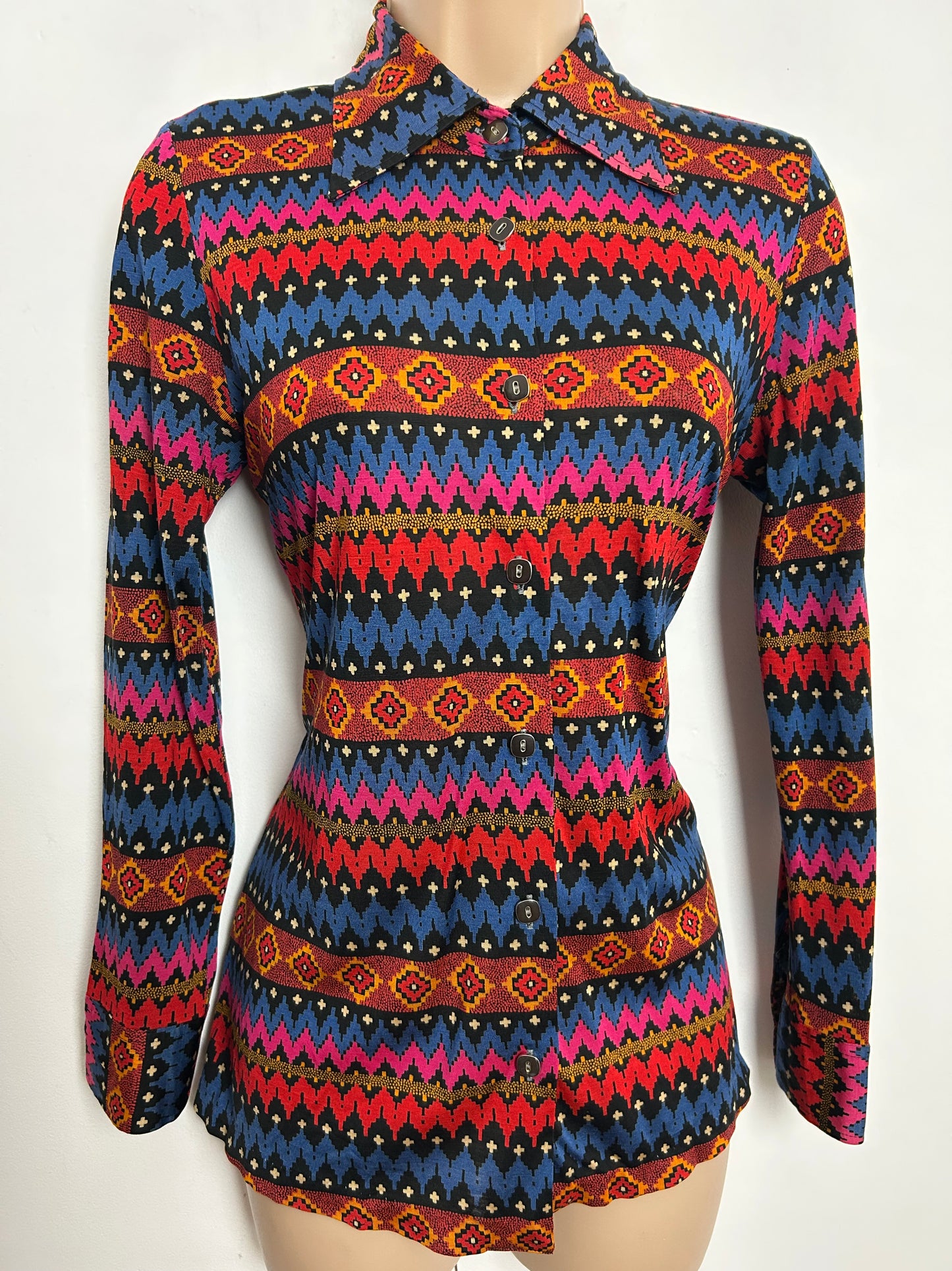 Vintage 1970s Size 8-10 Blue Red & Pink Abstract Print Long Sleeve Shirt