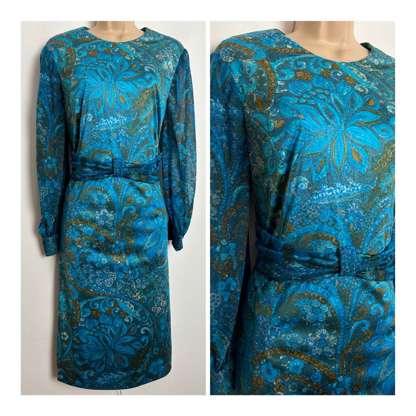 Vintage 1960s SCHWORM MODELL UK Size 14 Blue Tones Floral Print Long Sleeve Dress