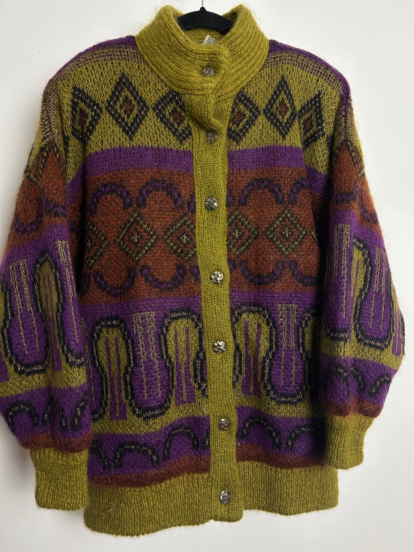 Vintage 1980s SIGNE INCOGNITO Up To Size 16 Oversized Wool & Mohair Mix Olive Green Purple & Rust Abstract Coatigan Cardigan