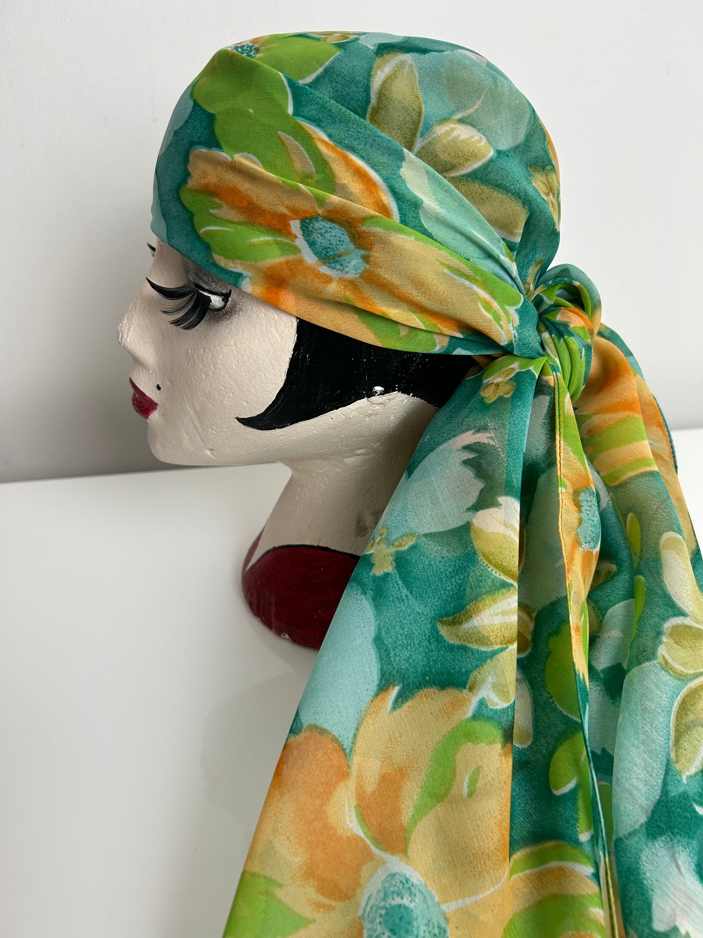 Modern Teal Blue Orange & Green Floral Print Chiffon Large Scarf 105cm x 105cm
