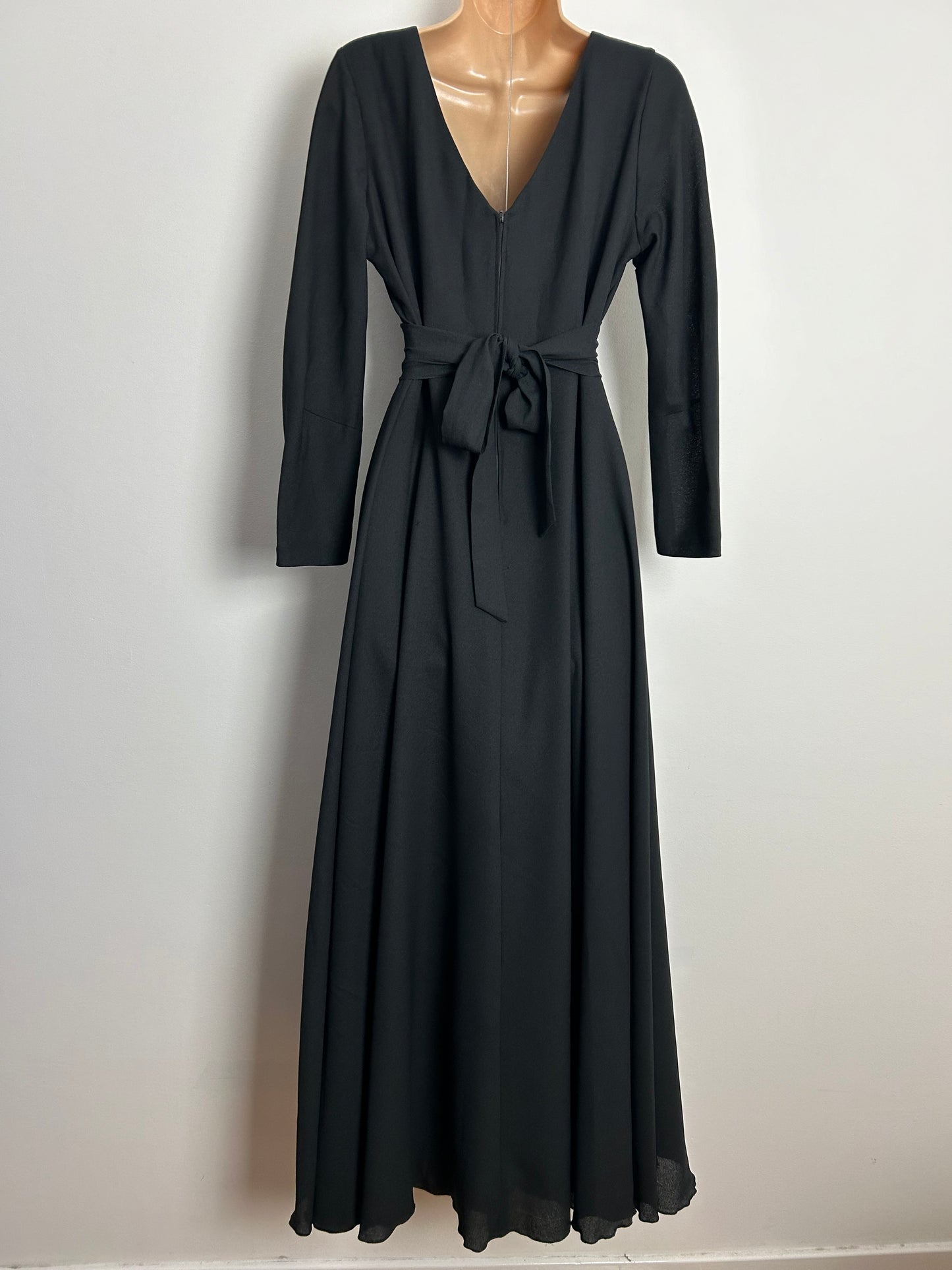 Vintage 1970s UK Size 14 Black Sequin Detail Long Sleeve Tie Back Evening Occasion Maxi Dress