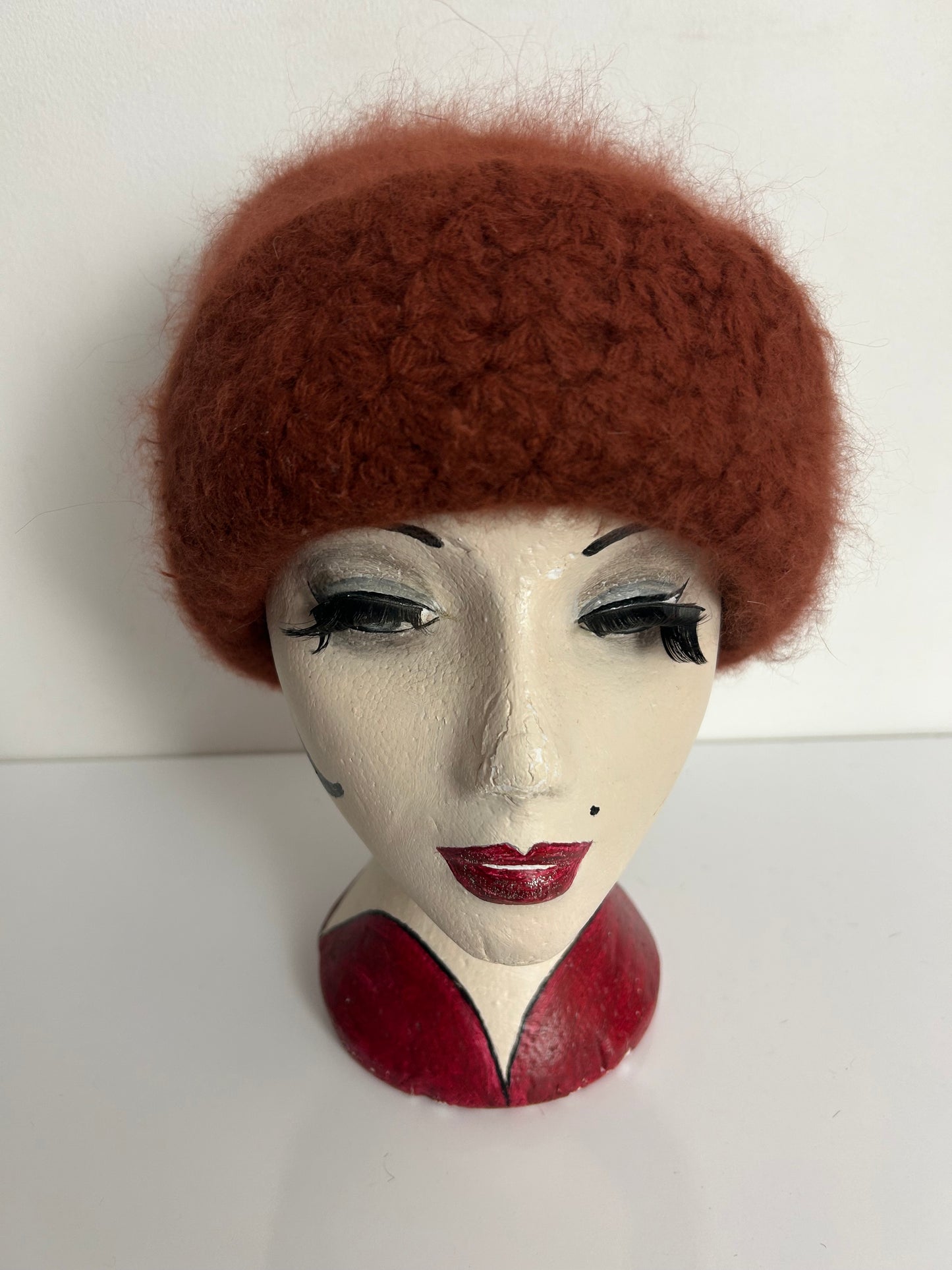 Vintage Handmade Dark Dusky Rusty Brown Angora & Wool Mix Chunky Knitted Winter Hat