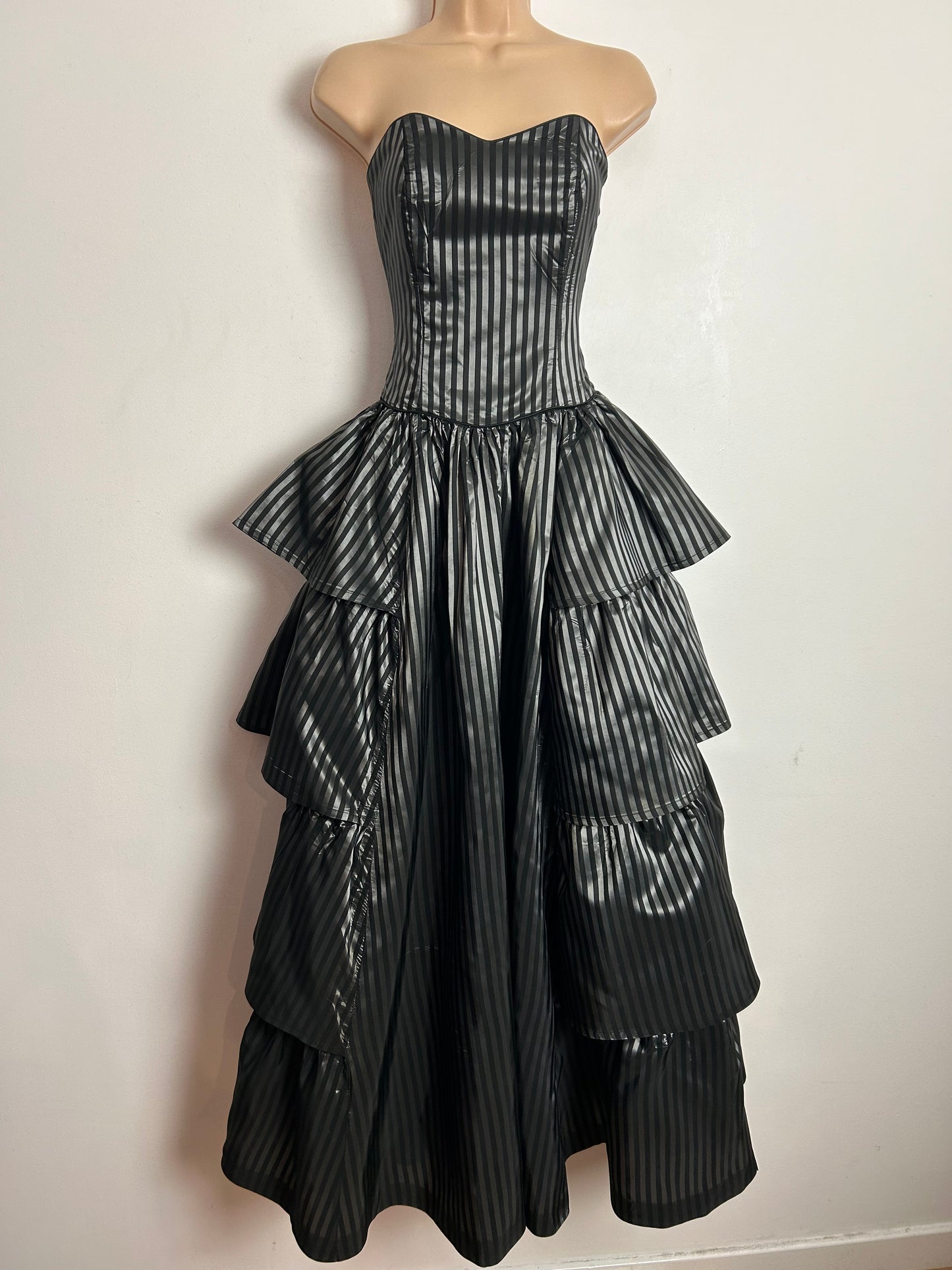 Vintage 80s LAURA ASHLEY UK Size 6-8 (Size 10 On Label) Strapless Black & Dark Silver Stripe Tiered Full Length Ballgown