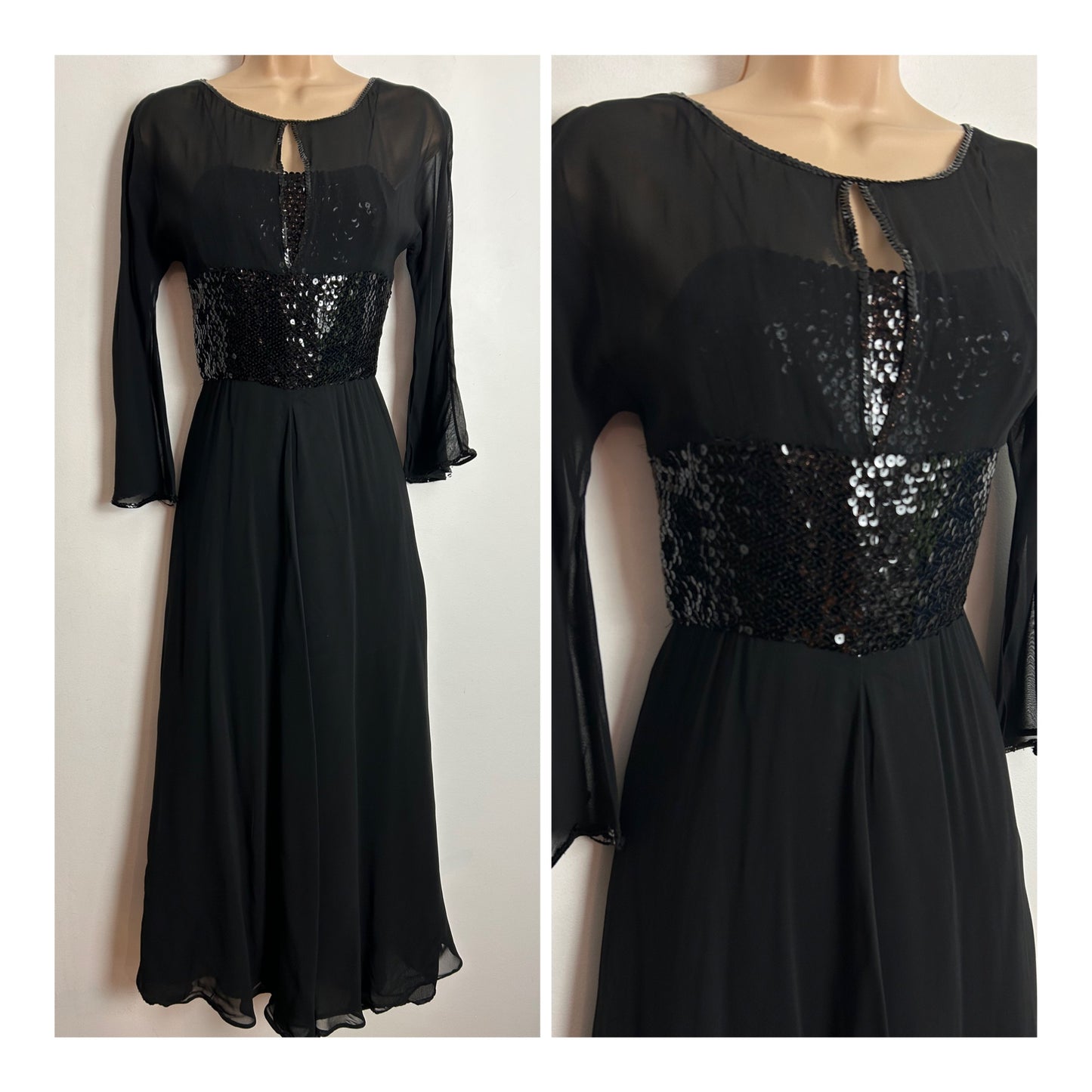 Vintage 1970s UK Size 6 Black Sequin Embellished Illusion Neck Evening Dress