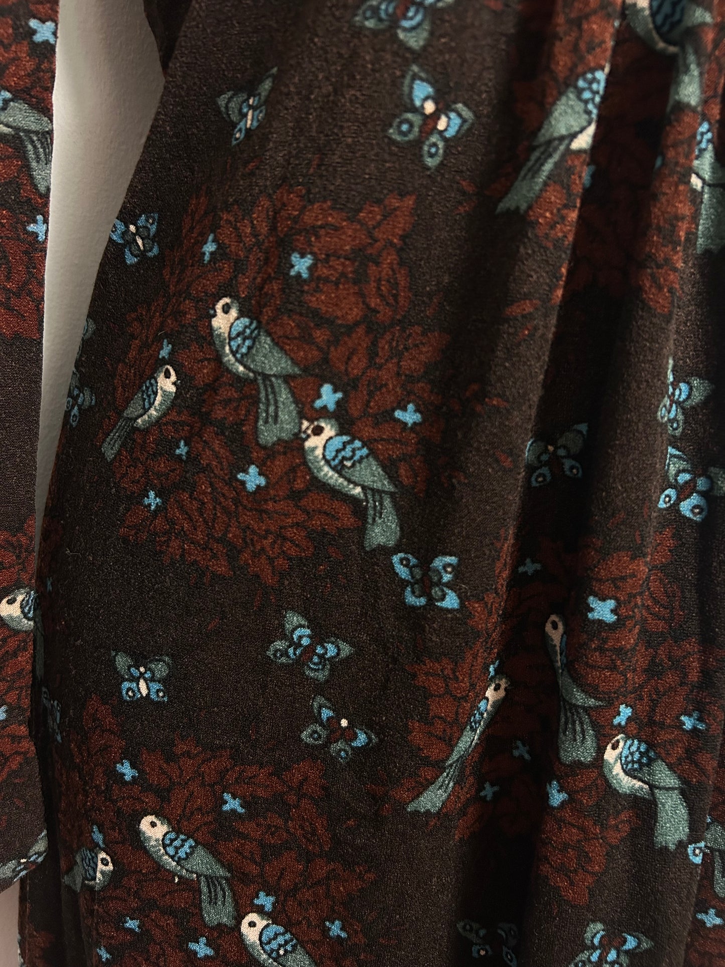 Vintage 1970s ST ANDRE Size 10 Brown Tones Bird & Butterfly Novelty Print Long Sleeve Maxi Dress With Finger Loops