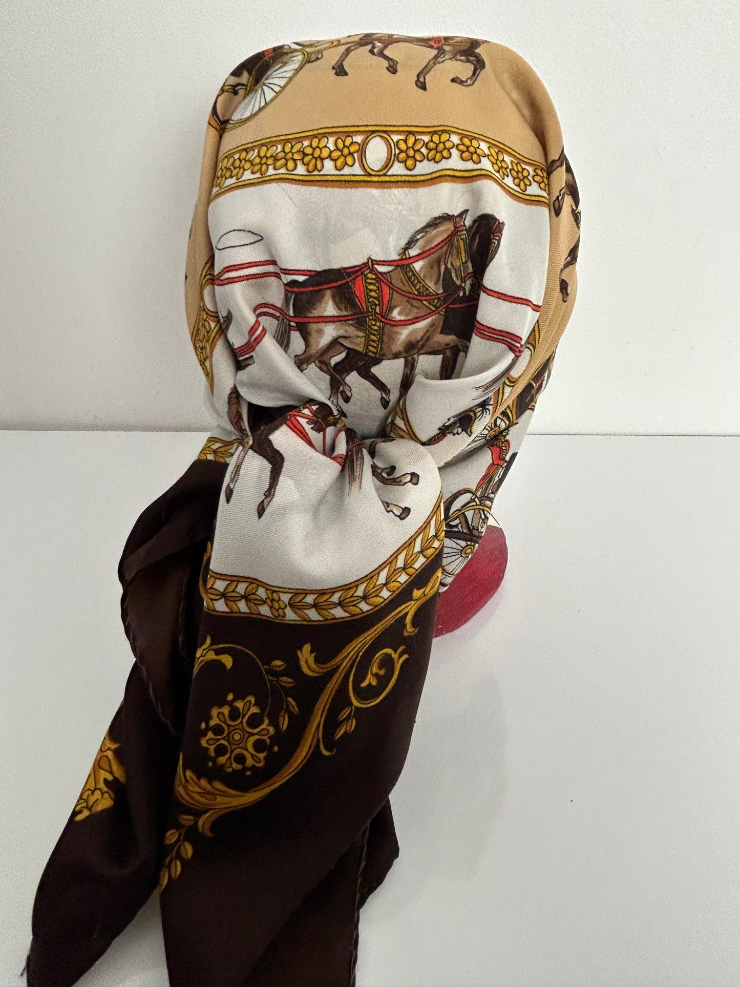 Vintage JS GERMAIN Brown Equestrian Regalia Horse & Carriage Print Scarf 80cm x 78cm