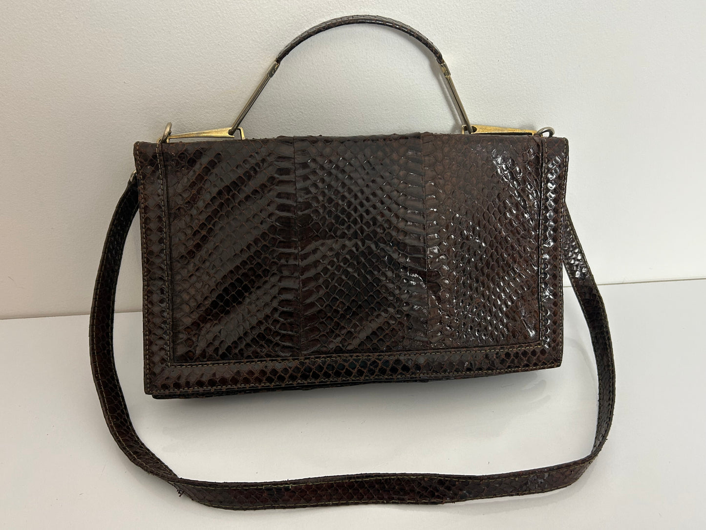 Vintage 1970s Italian Brown Reptile Leather Handbag With Removable Shoulder Strap