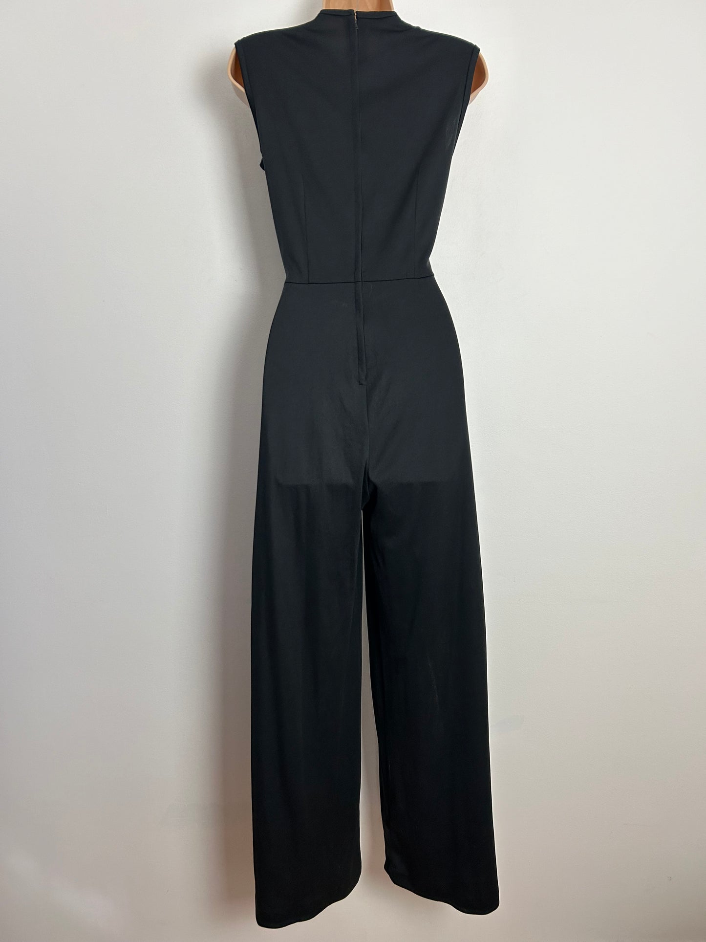 Vintage 1970s MISS DEVONSHIRE UK Size 8 Black Chiffon Panel Sleeveless Wide Leg Jumpsuit