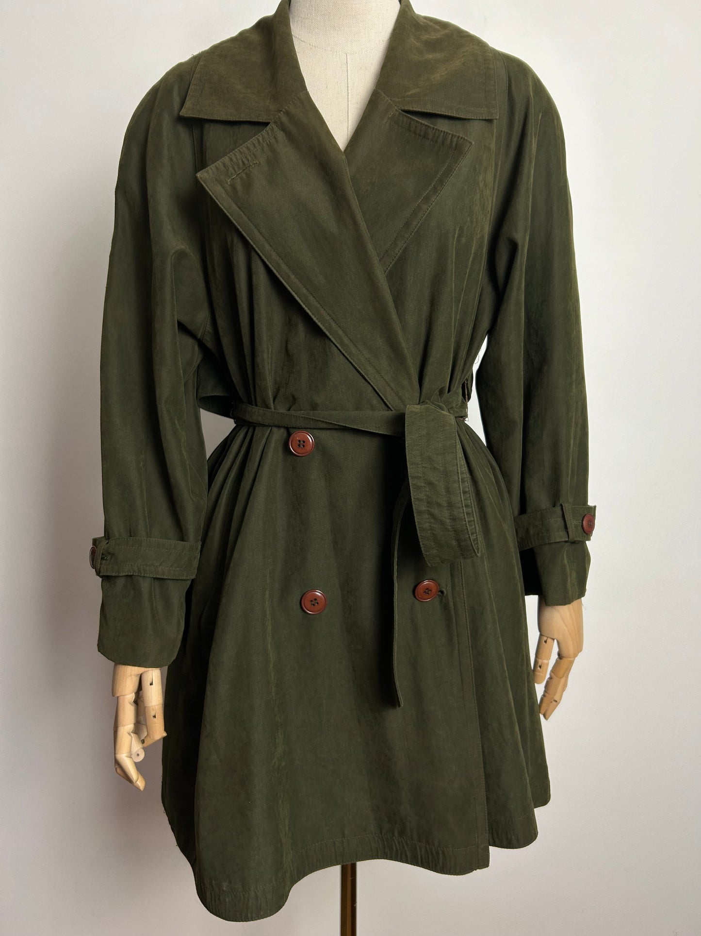 Vintage 1980s WINDSMOOR UK Size 8-10 Olive Green Belted Half Trench Style Coat