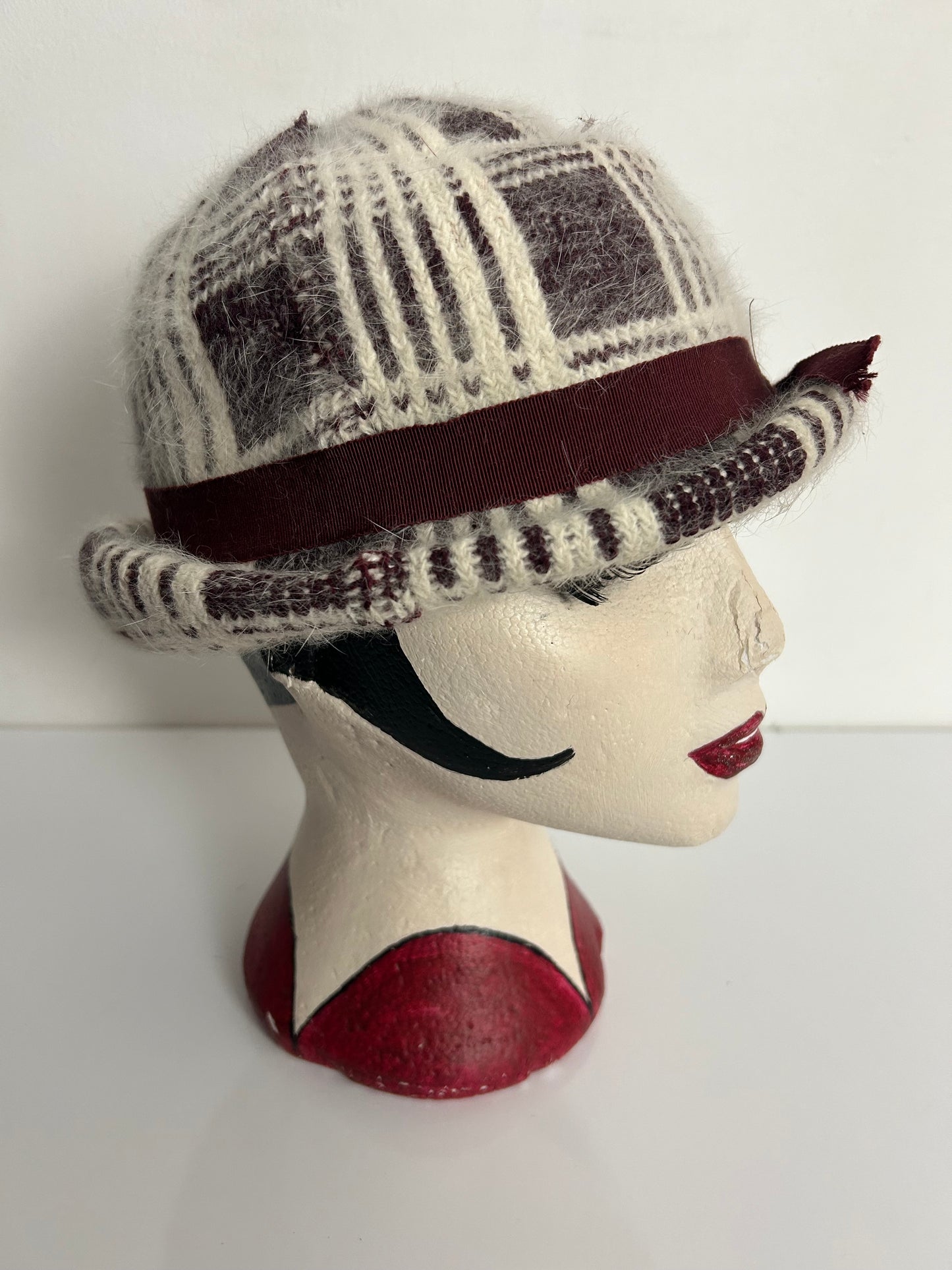 Vintage Cream & Maroon Check Pattern Angora Mix Braid Trim Hat