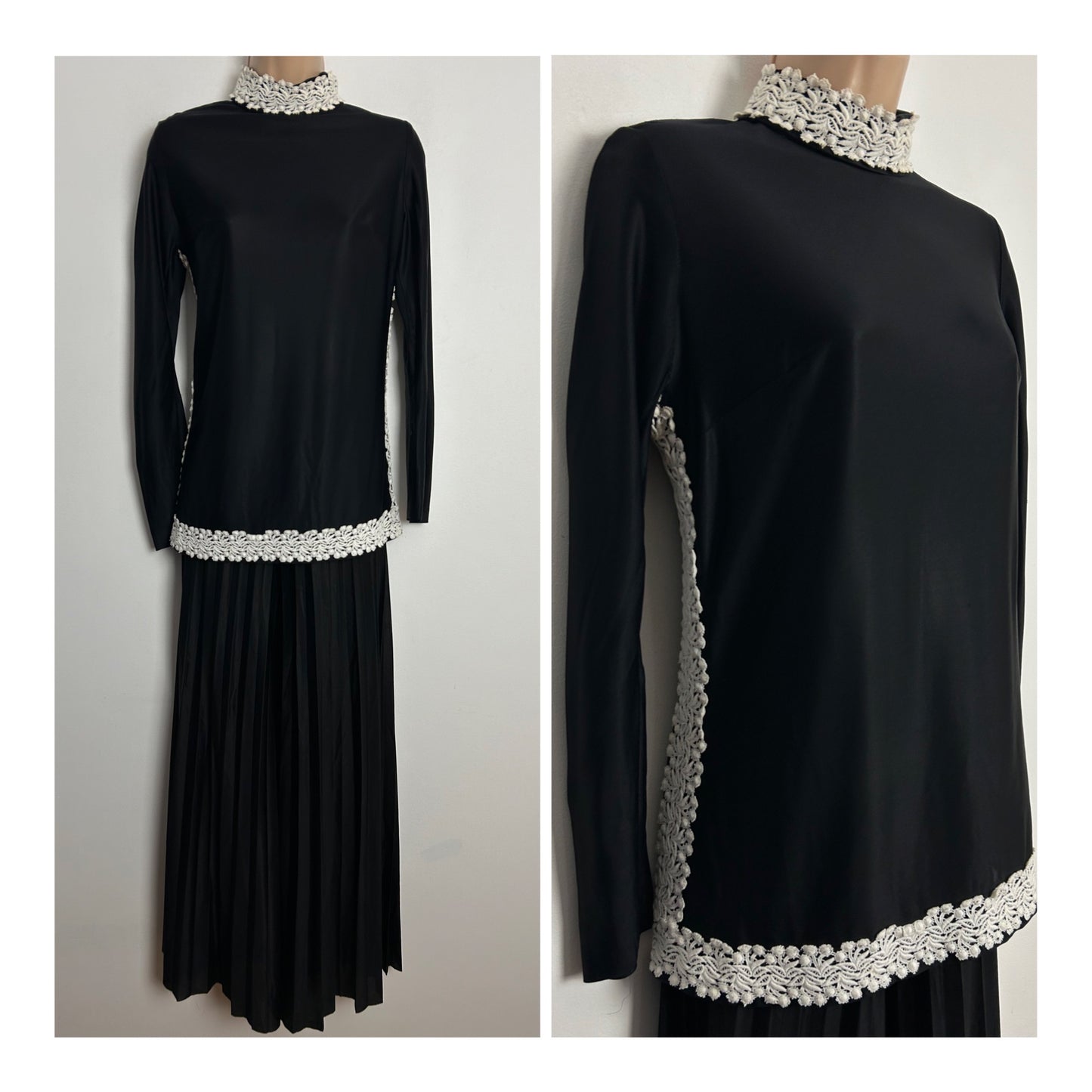 Vintage 1970s UK Size 6 Black Pleated Wide Leg Trouser & Tunic Two Piece Co-Ord Set