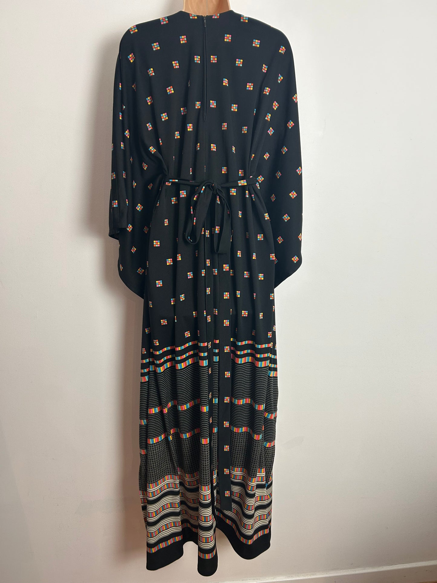 Vintage 1970s Up To Size 14 Black Multicolour Check Square Print Wide Sleeve Belted Kaftan Maxi Dress