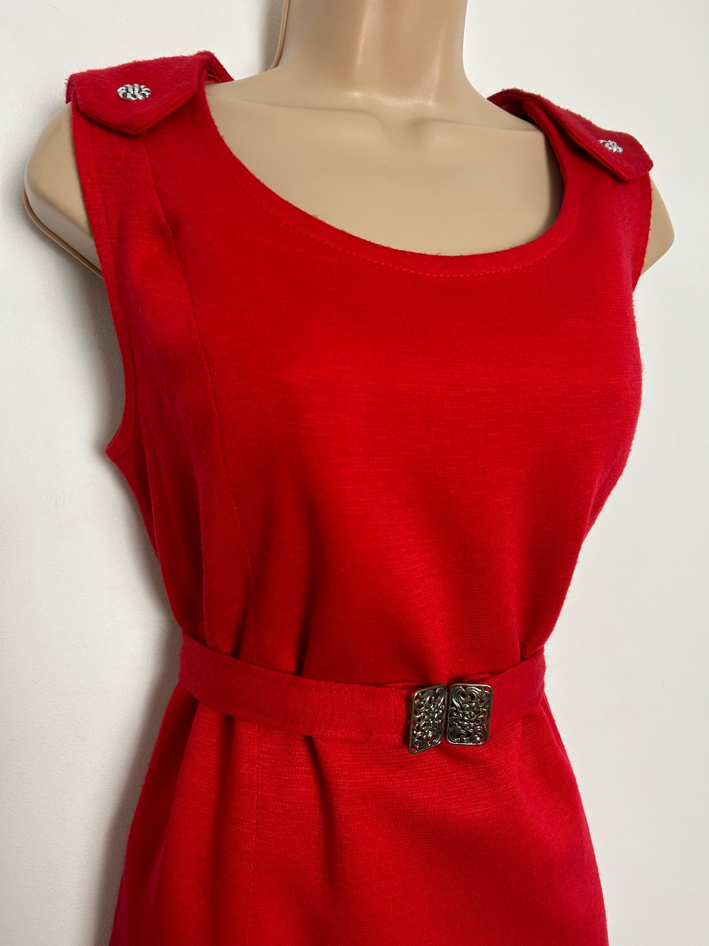 Vintage 1960s Size 12 Red Wool Jersey Sleeveless Belted Mod Dress