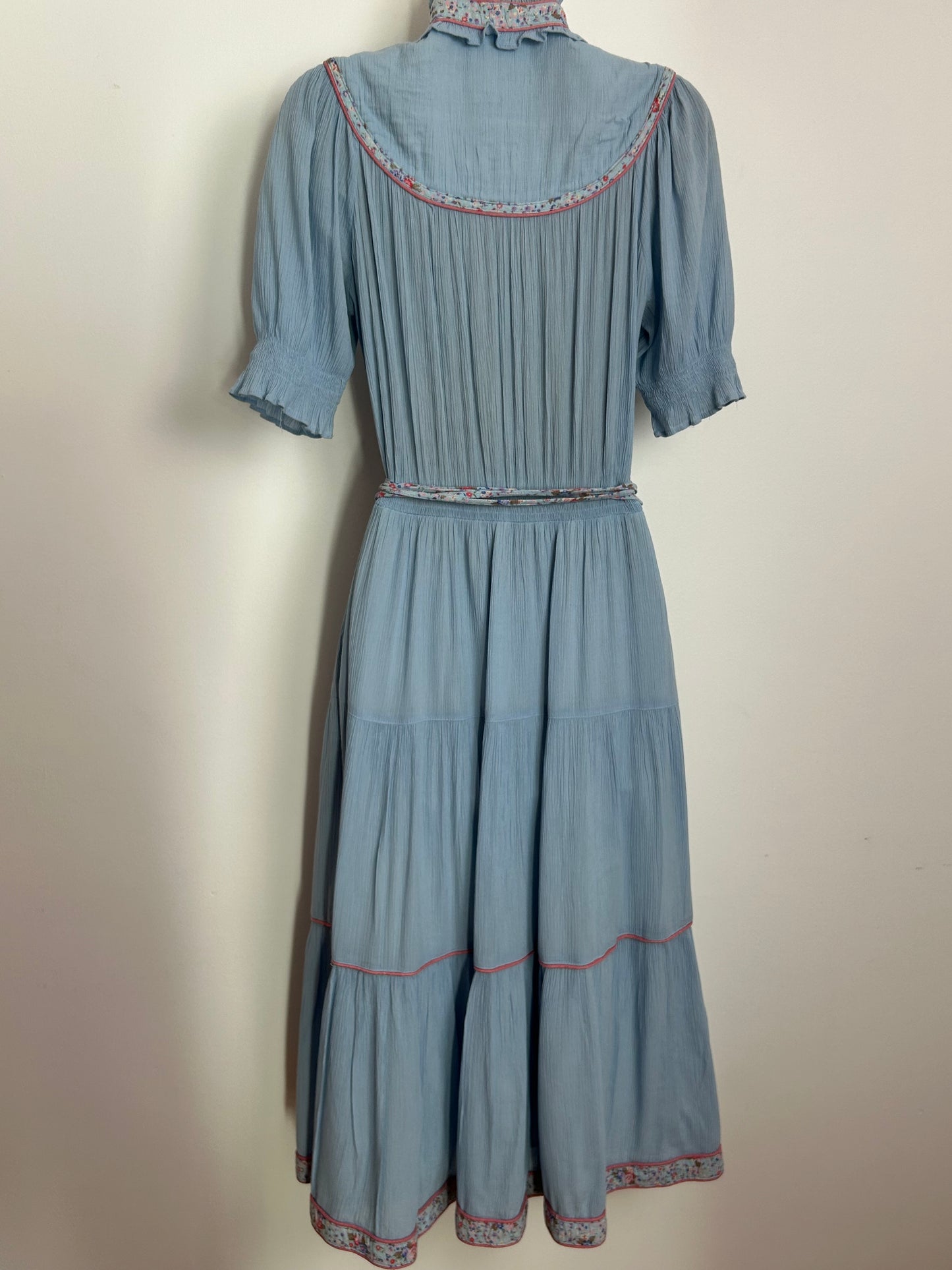 Vintage Late 1970s ELKONT Size 8 Pale Blue Cheesecloth Cotton Prairie Boho Midi Day Dress