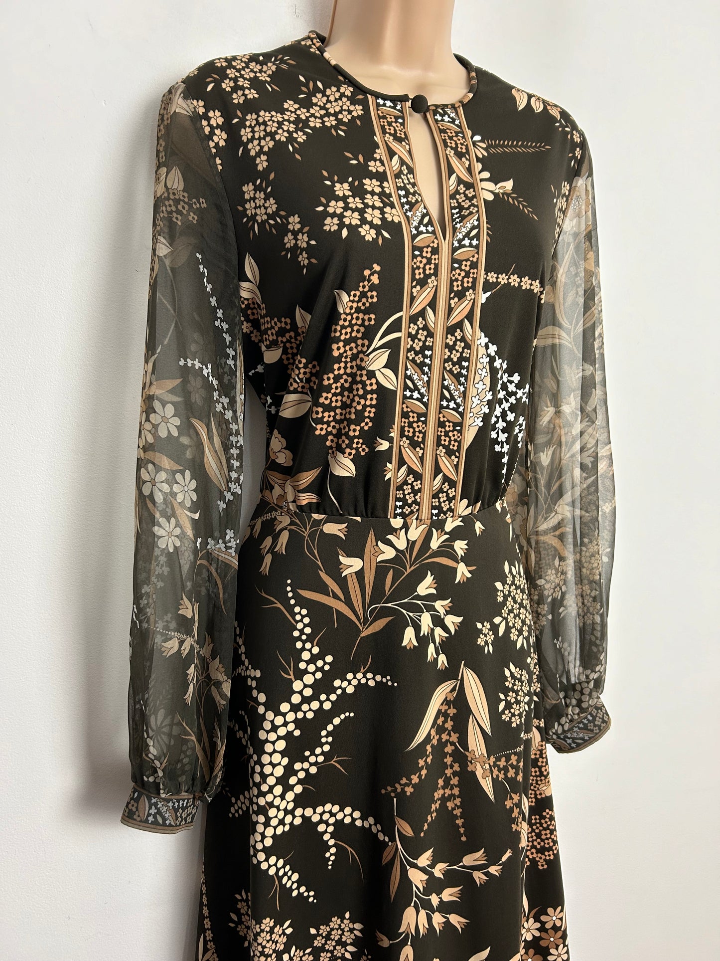 Vintage 1970s VERENA MODELLE UK Size 12 Brown Tones Floral Print Long Chiffon Sleeve Dress