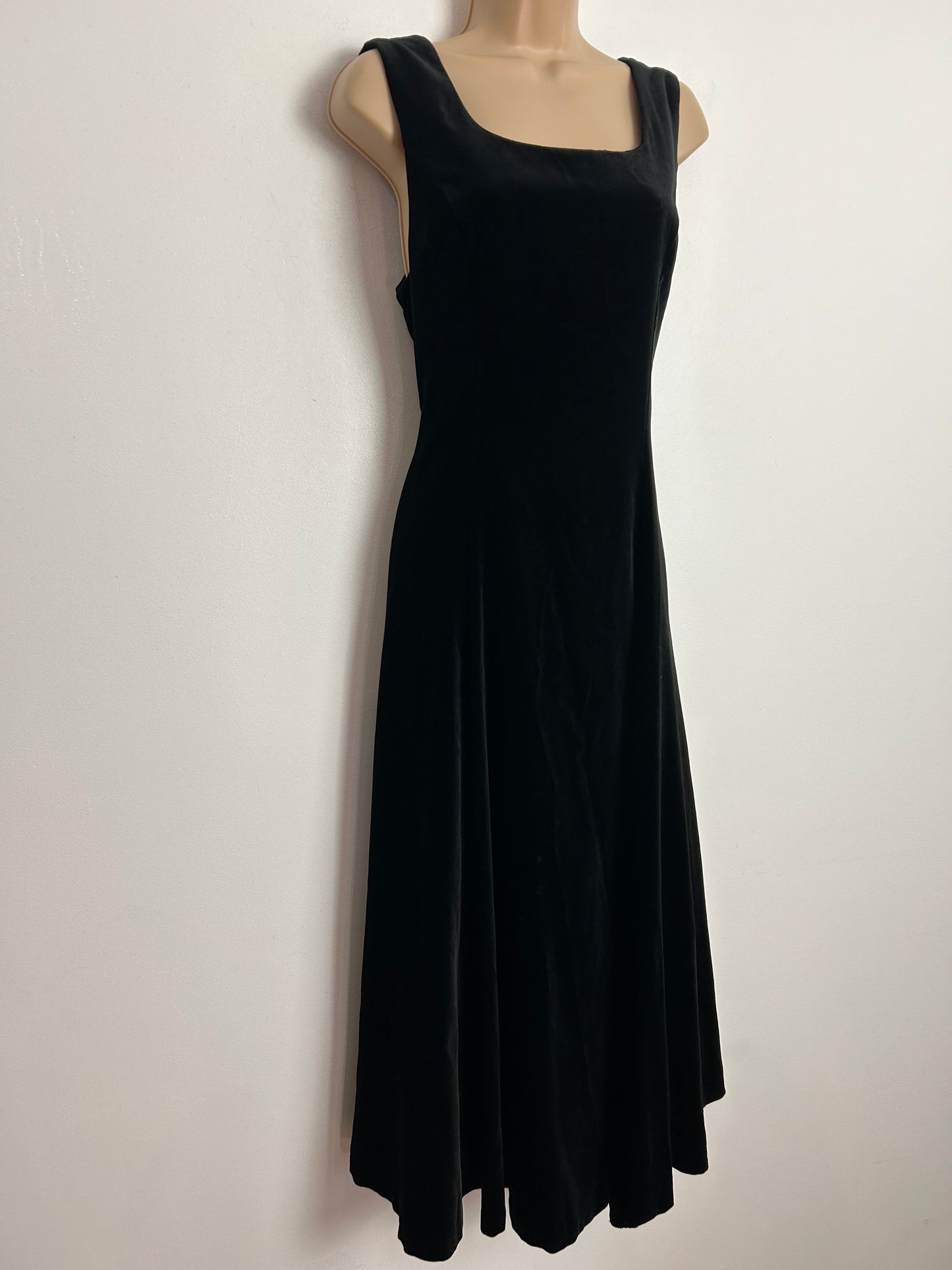 Vintage 1980s LAURA ASHLEY UK Size 12 (Size 14 On Label) Black Velvet Sleeveless Midi Dress