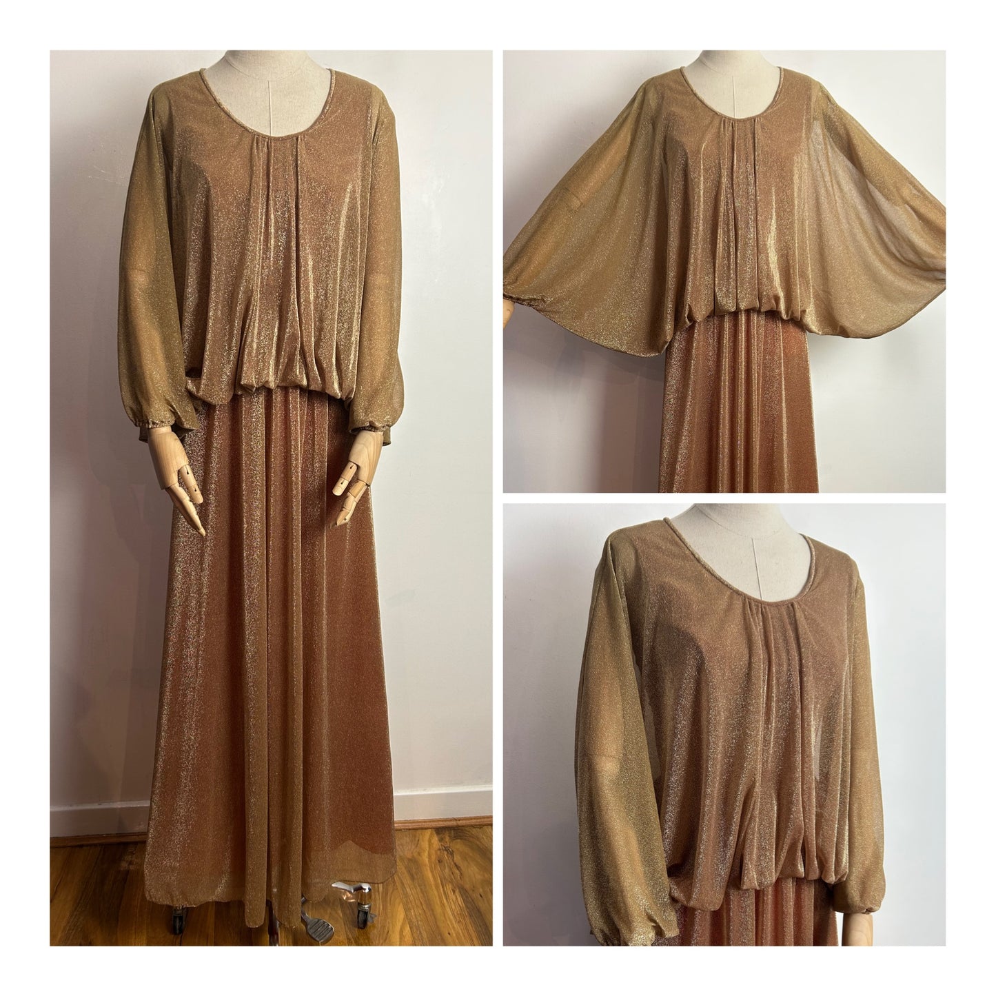 Vintage Late 1970s JOHN CHARLES UK Size 6-8 Gold Metallic Lurex Bat Wing Xmas Party Maxi Dress