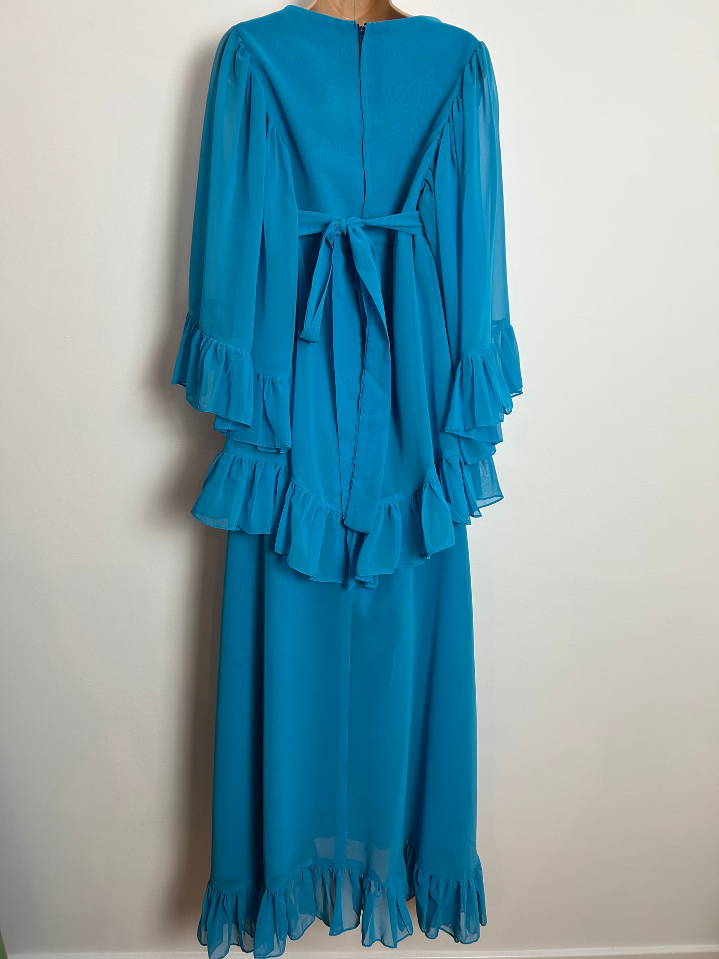 Vintage Late 1960s TINA WARREN UK Size 10-12 Sky Blue Cape Sleeve Layered Boho Maxi Dress