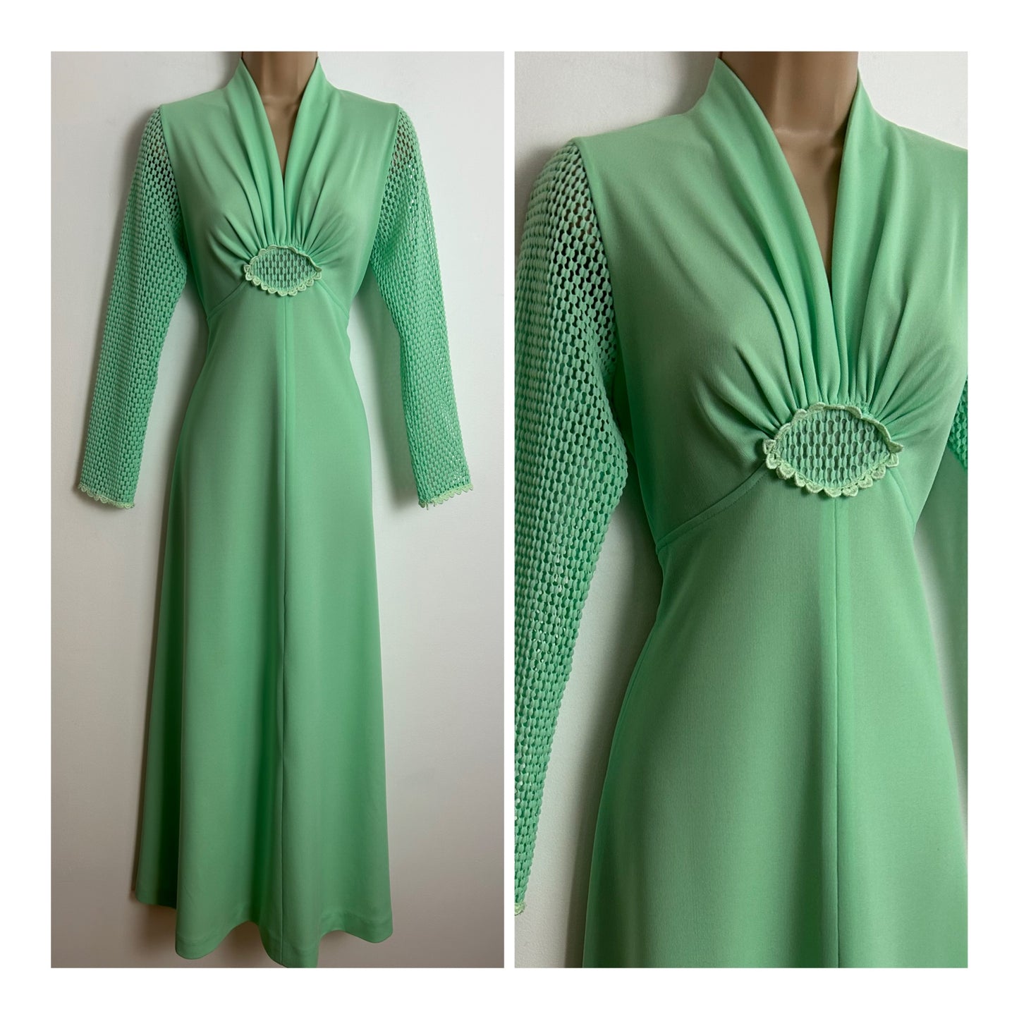 Vintage 1970s UK Size 6-8 Mint Green Long Mesh Sleeve V-Neck Maxi Dress