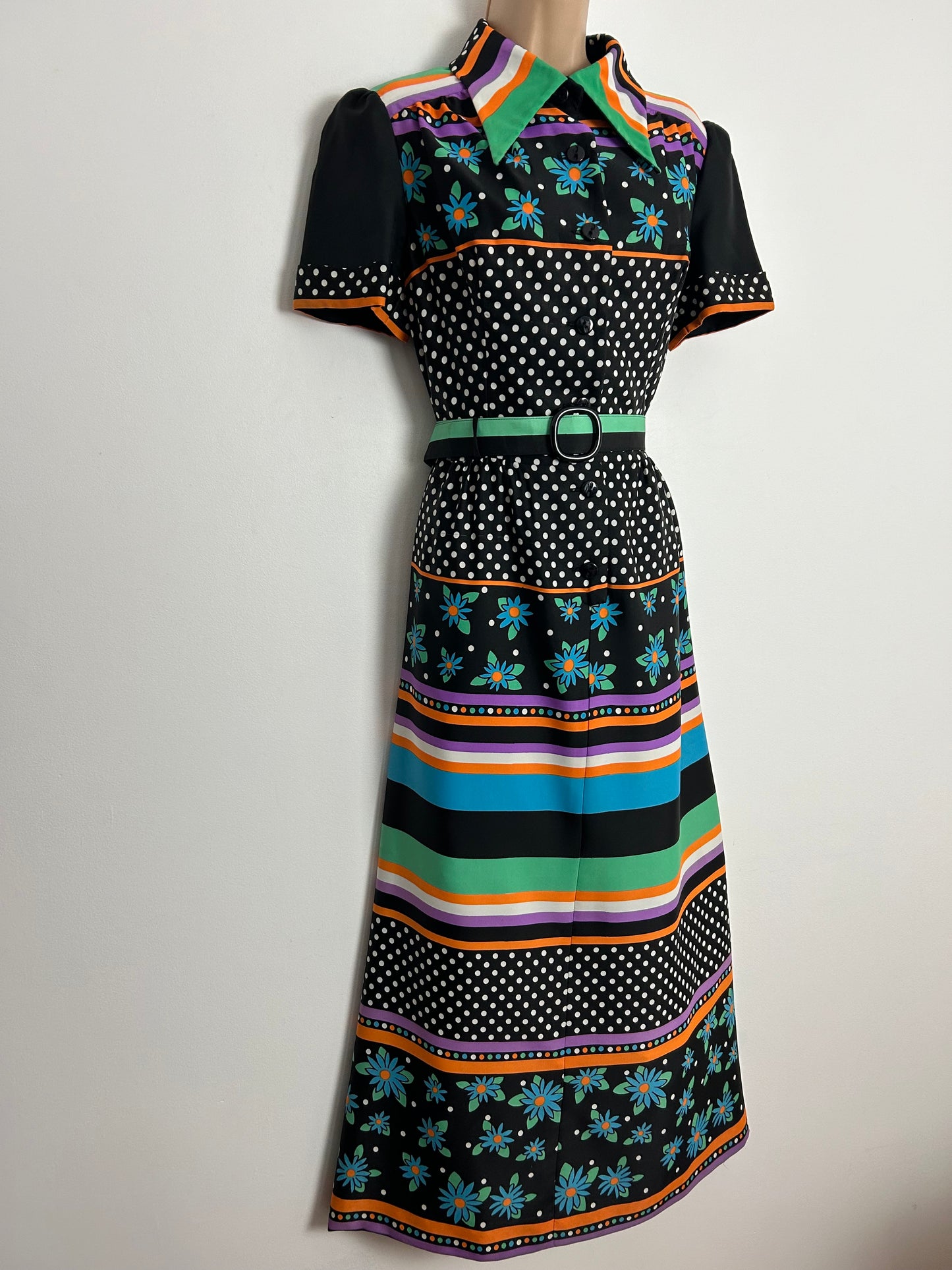 Vintage 1970s LADIES PRIDE UK Size 12-14 Black Green White Orange & Purple Stripe Floral & Polka Dot Print Belted Maxi Dress