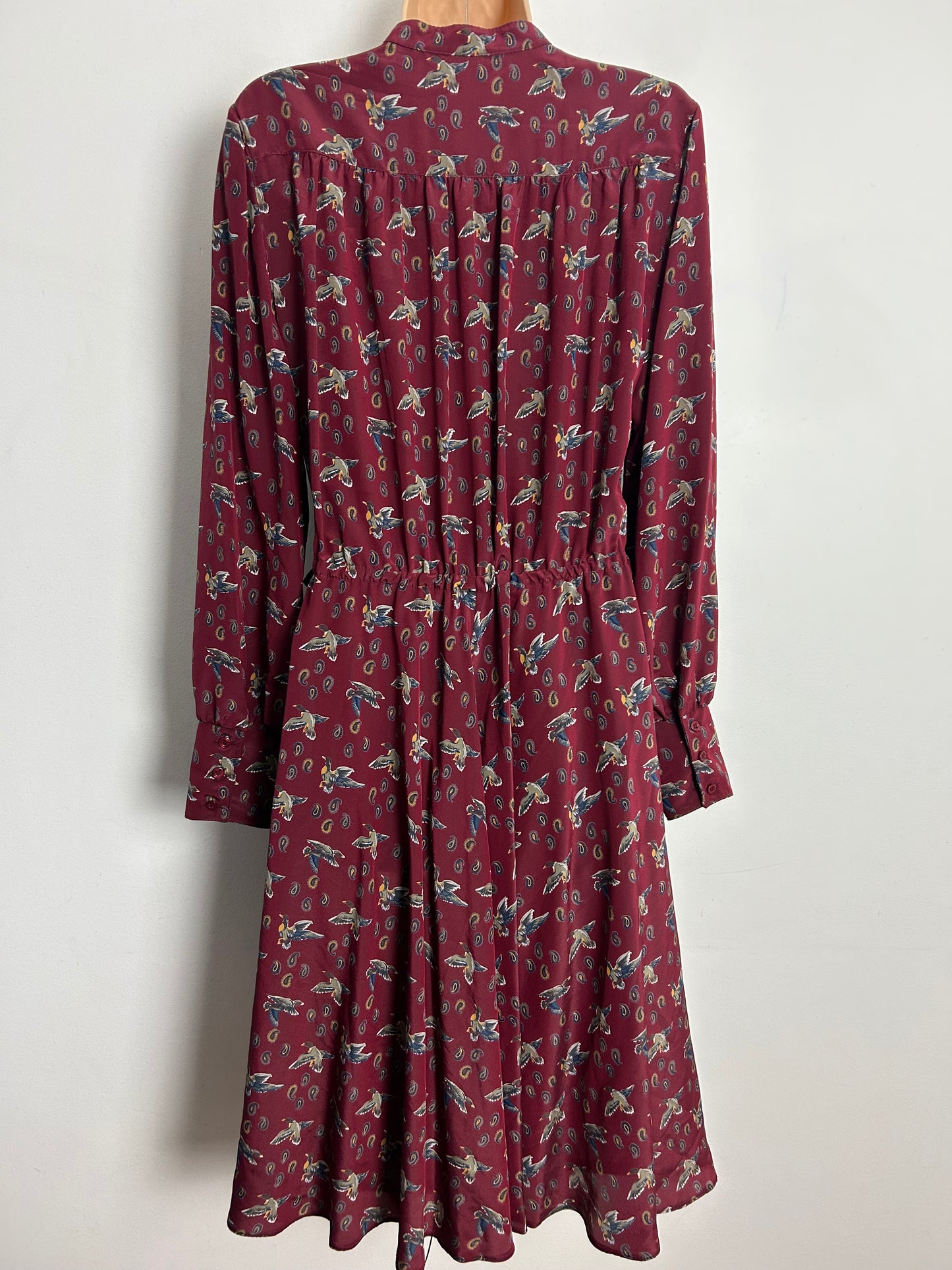 Vintage 1980s JEAN CLAIRE UK Size 14 Dark Red Novelty Duck & Paisley Print Long Sleeve Day Dress