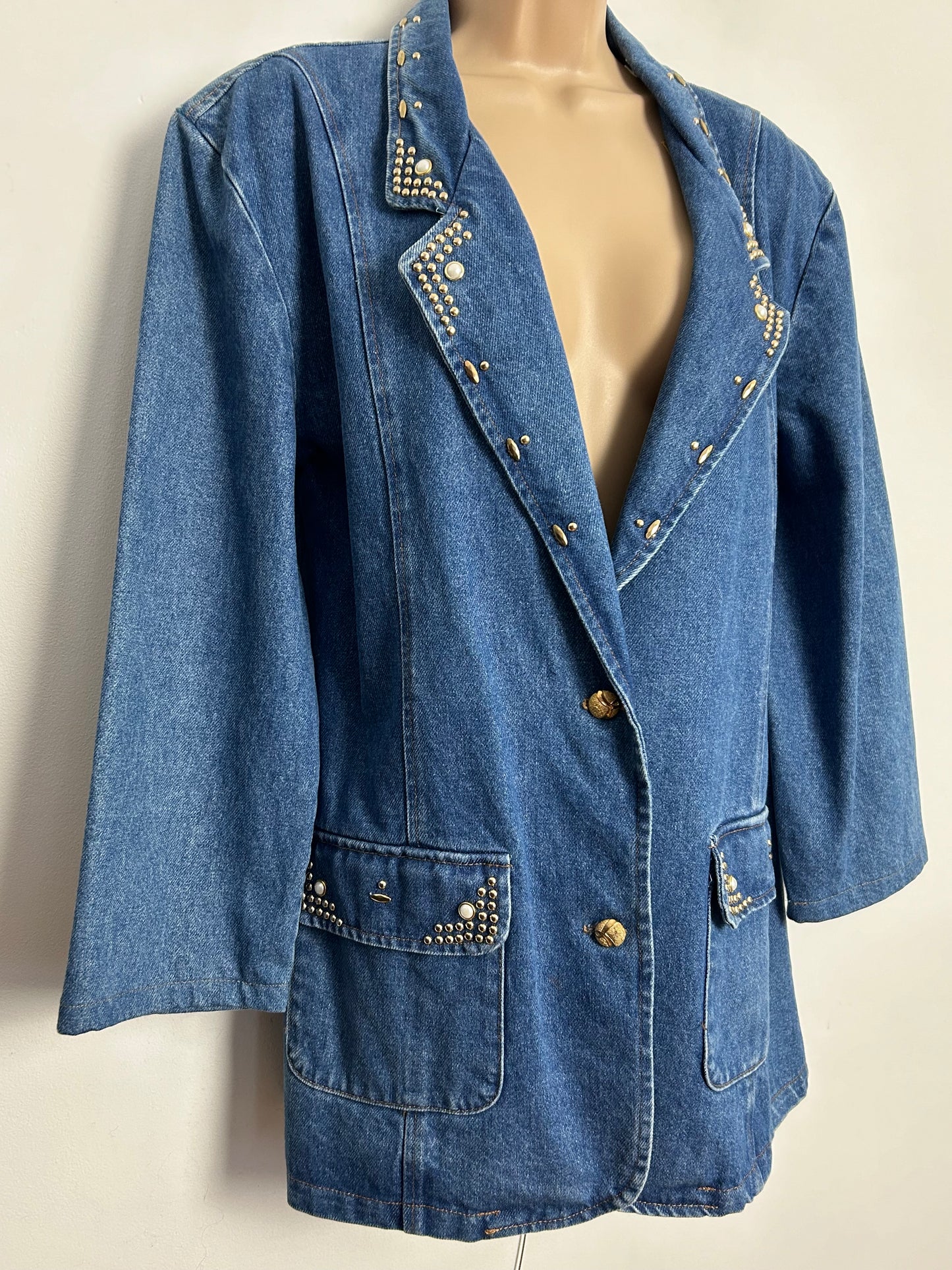 Vintage 1980s/1990s UK Size 10-12 Denim Blazer With Stud & Bead Embellishment