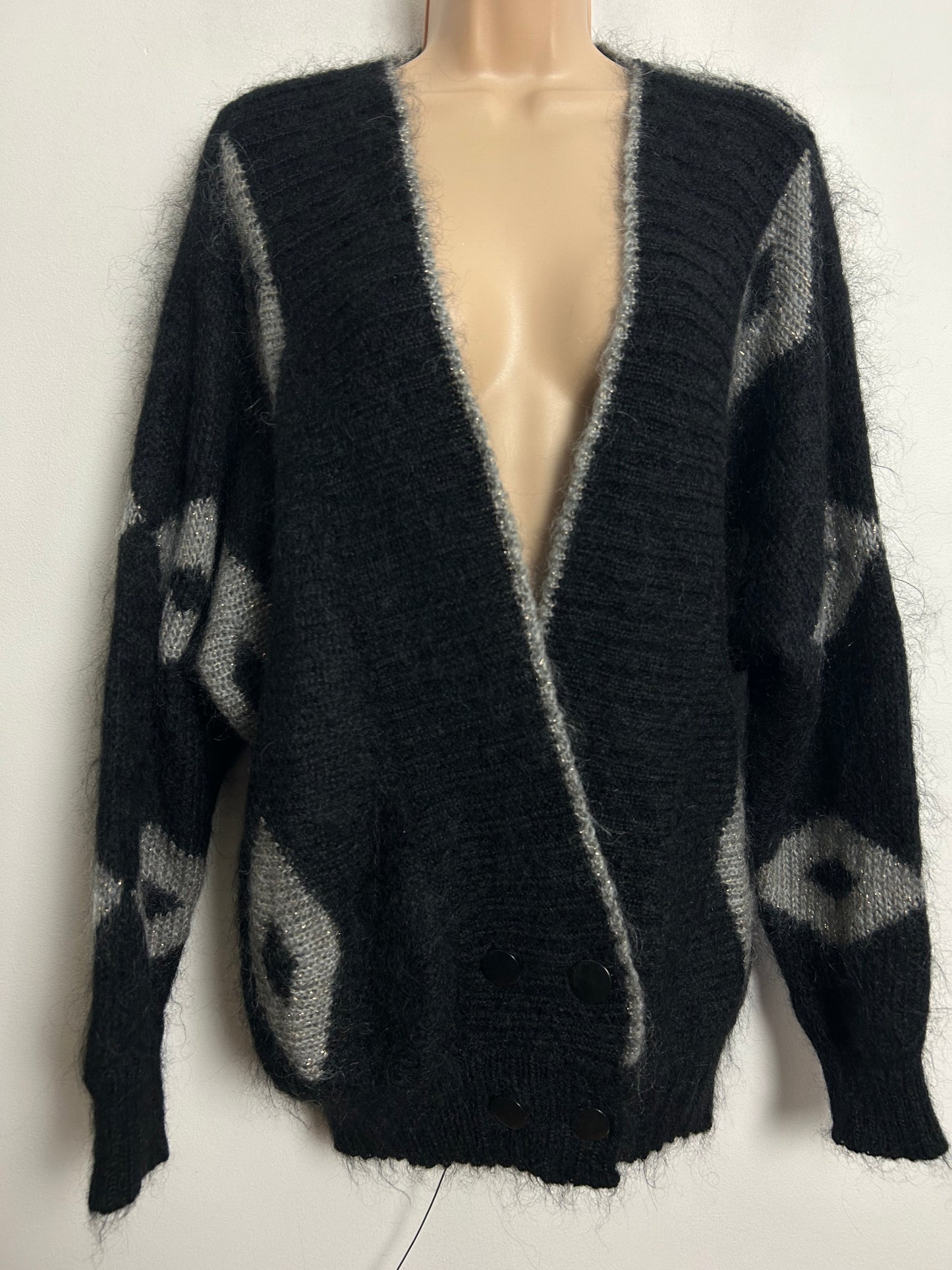 Vintage 1980s Up To Size 14/16 Black & Silvery Grey Mohair Mix Long Sleeve Slouchy Cardigan