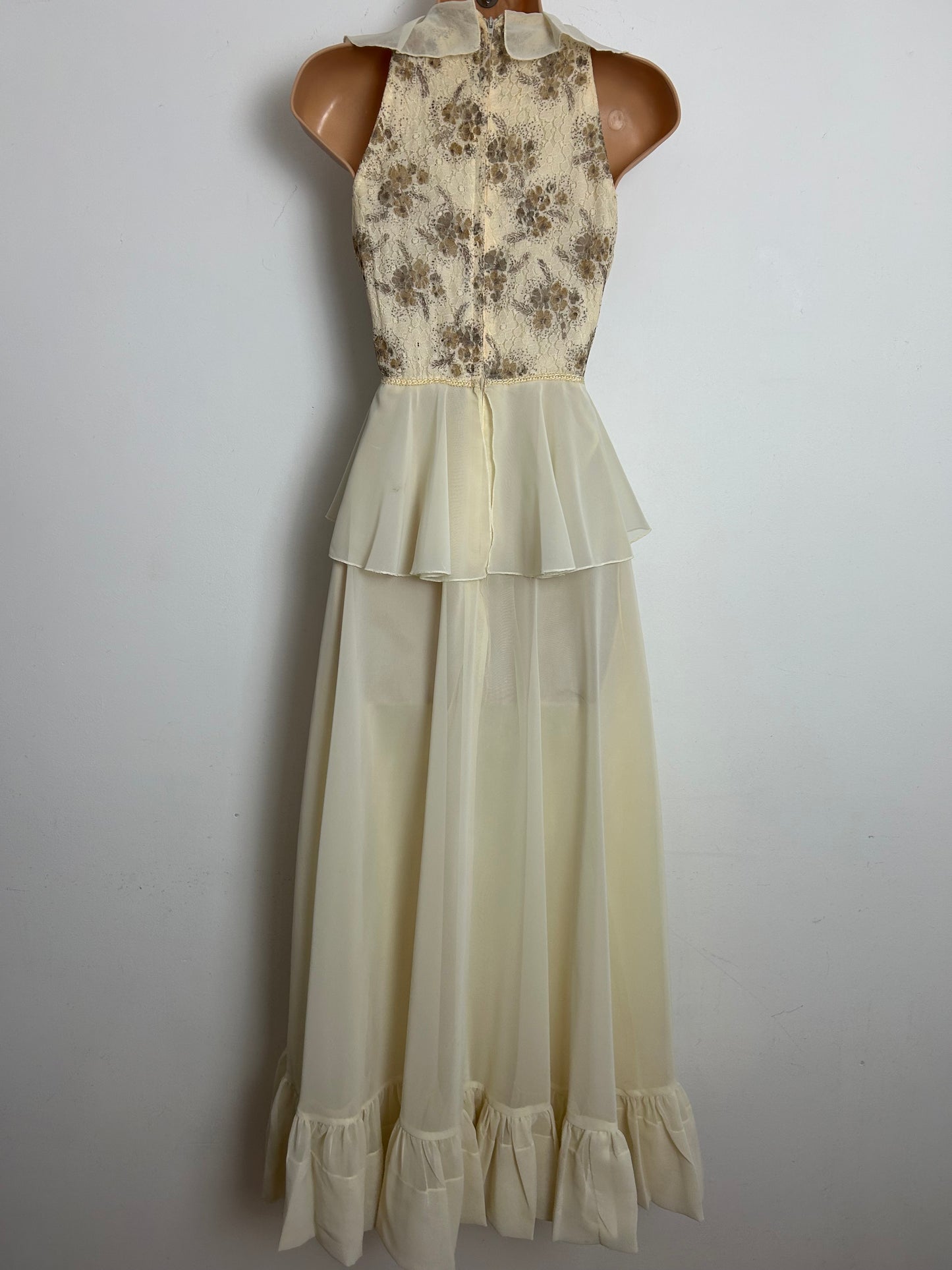 Vintage 1970s Size 4-6 Cream & Brown Lace Bodice Ruffle Trim Peplum Boho Maxi Dress