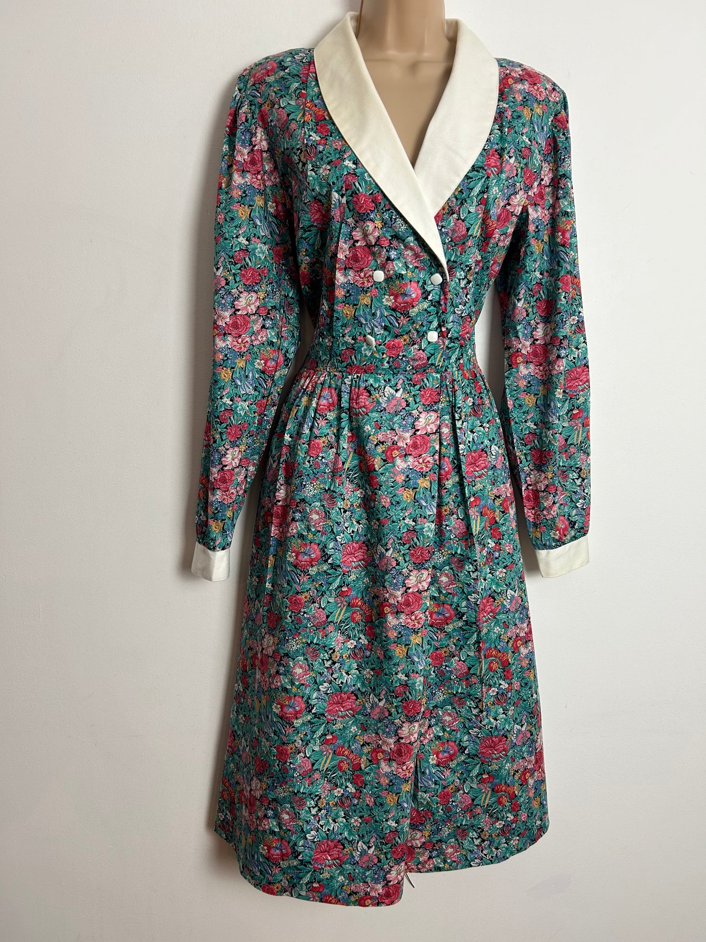 Vintage 1980s MARION DONALDSON UK Size 12 Black Green & Coral Floral LIBERTY Print Mock Wrap Cotton Day Dress