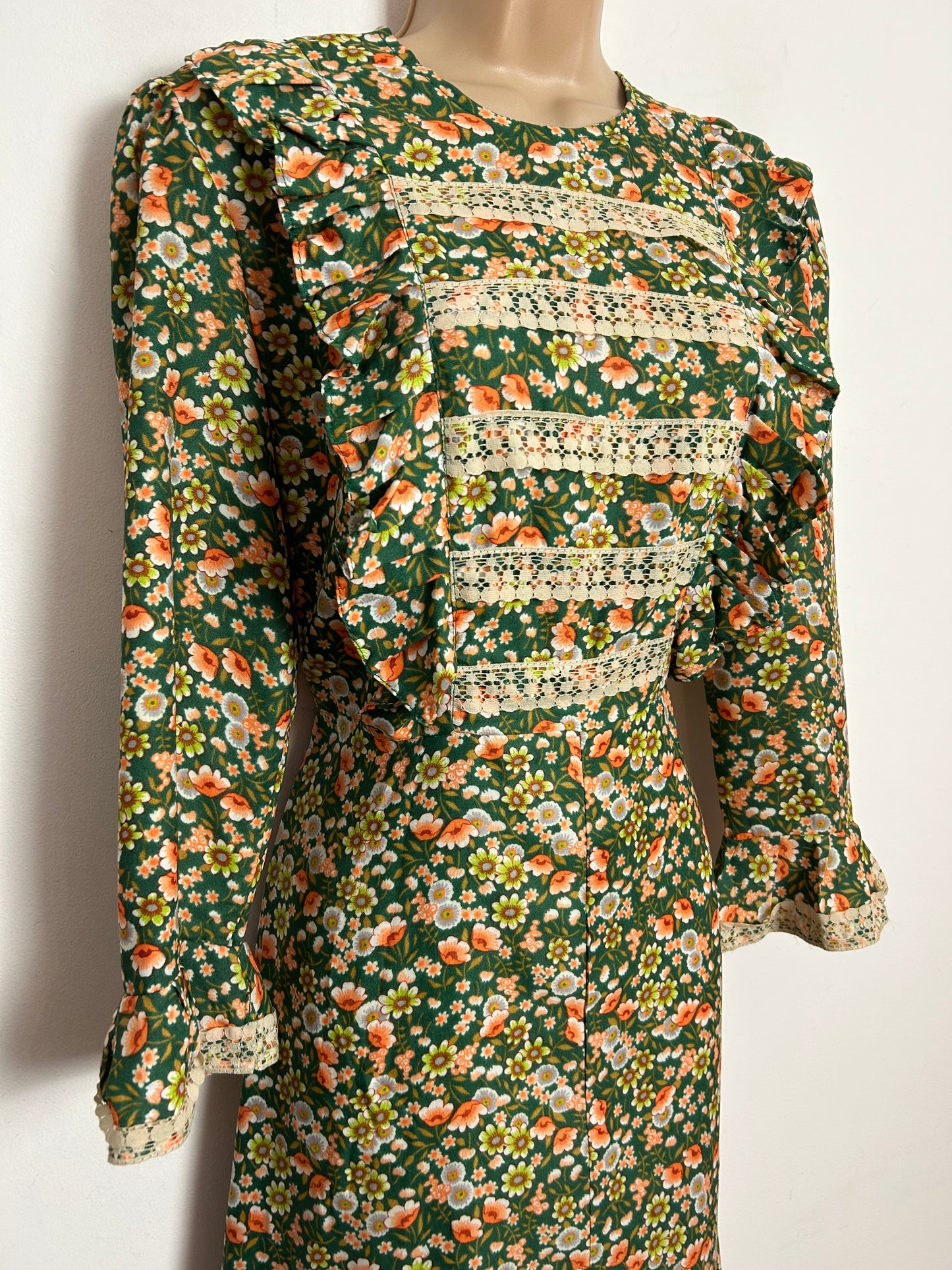 Vintage 1970s UK Size 10 Pretty Green & Orange Floral Print Lace Trim Prairie Maxi Dress