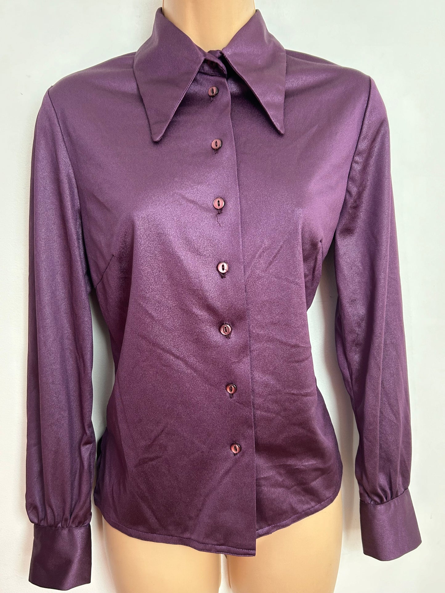 Vintage 1970s WELKUT UK Size 10 Plum Purple Dagger Collar Long Sleeve Shirt