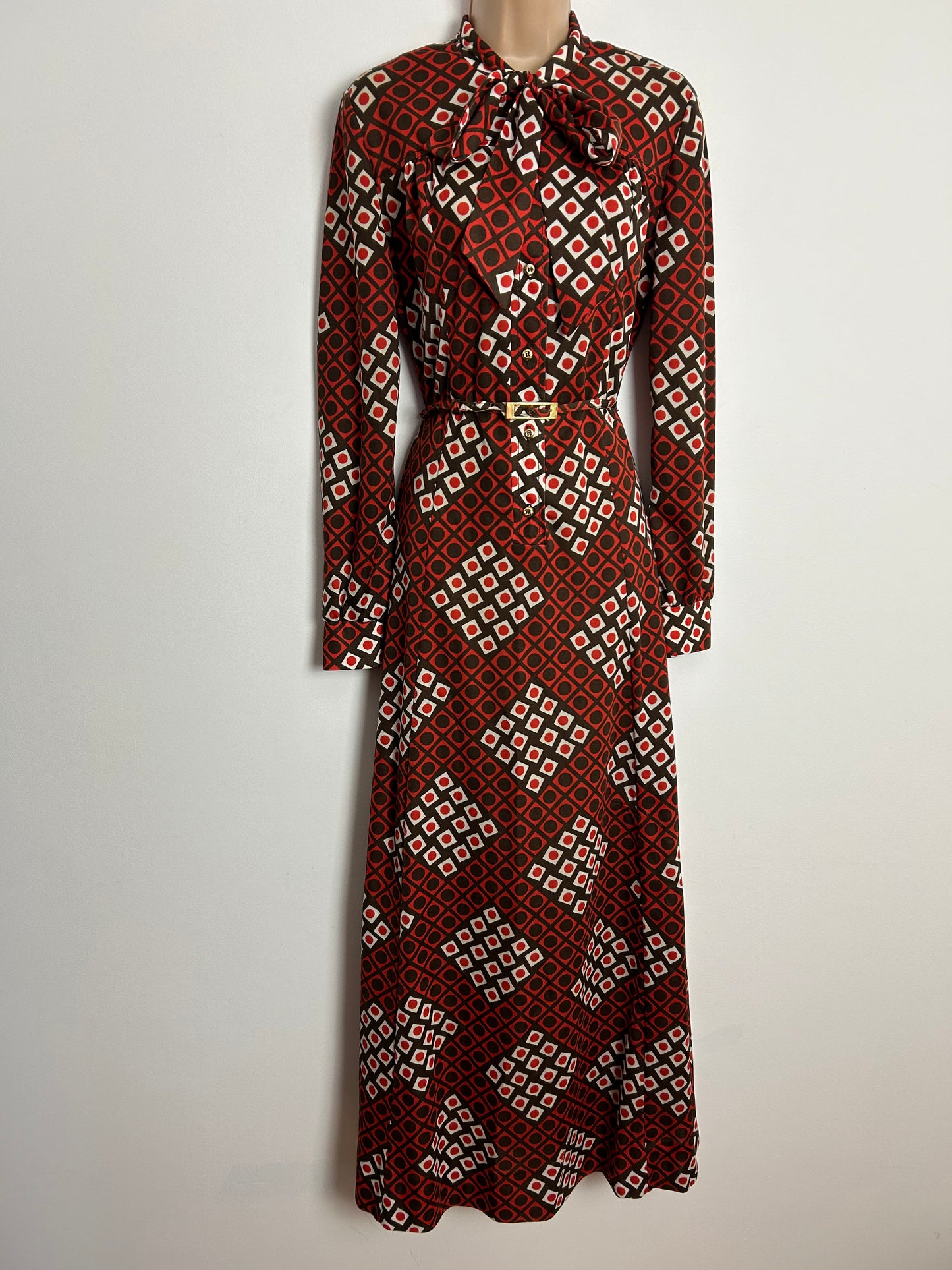 Vintage 1970s LEROSE UK Size 12-14 Dark Red White & Orange Square & Circle Print Long Sleeve Belted Pussy Bow Maxi Dress