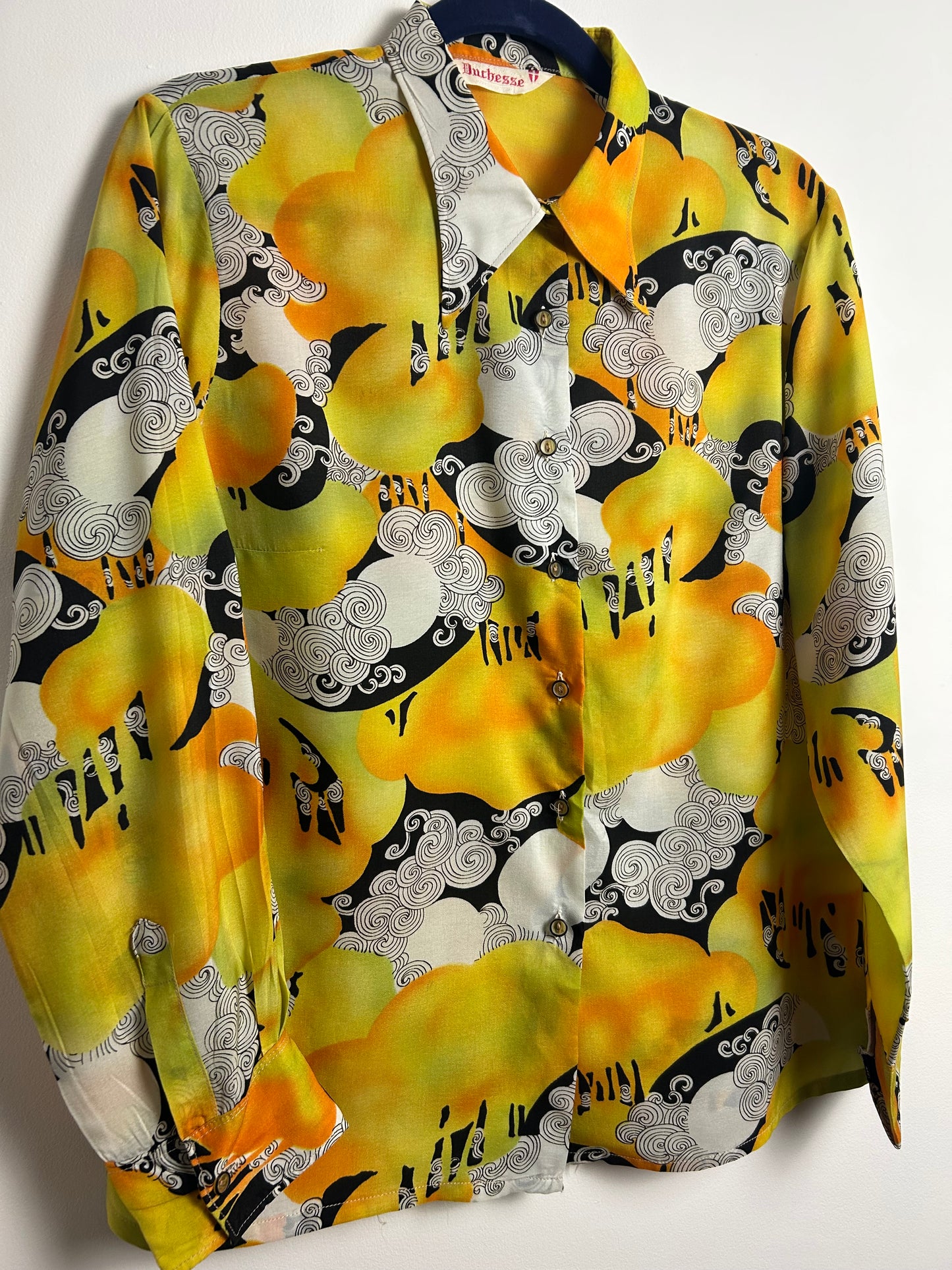 Vintage 1970s DUCHESSE Size 14-16 Yellow Orange Black & White Abstract Op Art Print Long Sleeve Shirt