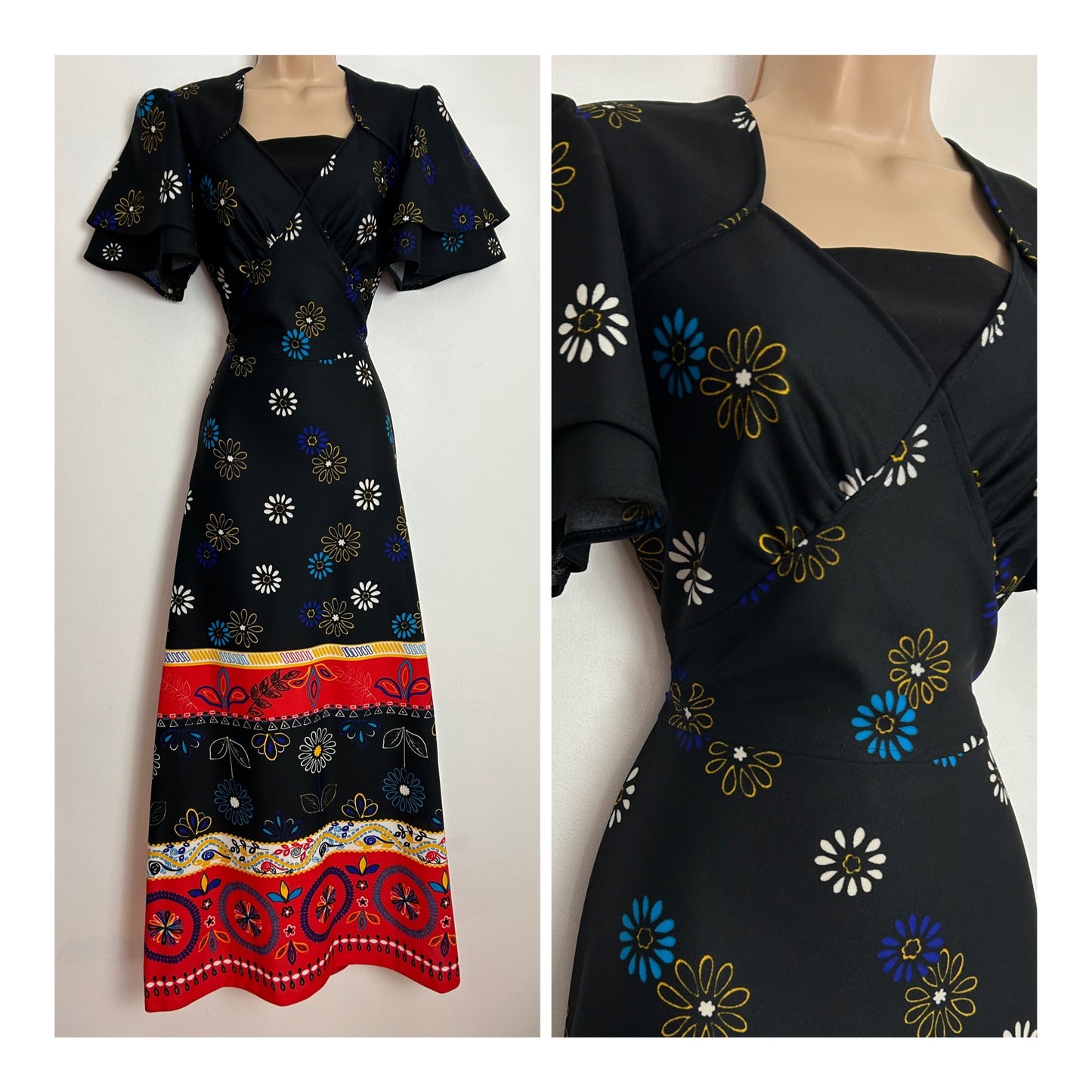 Vintage 1970s UK Size 10 Black White Yellow Blue & Red Floral Print Short Sleeve Tie Back Maxi Dress
