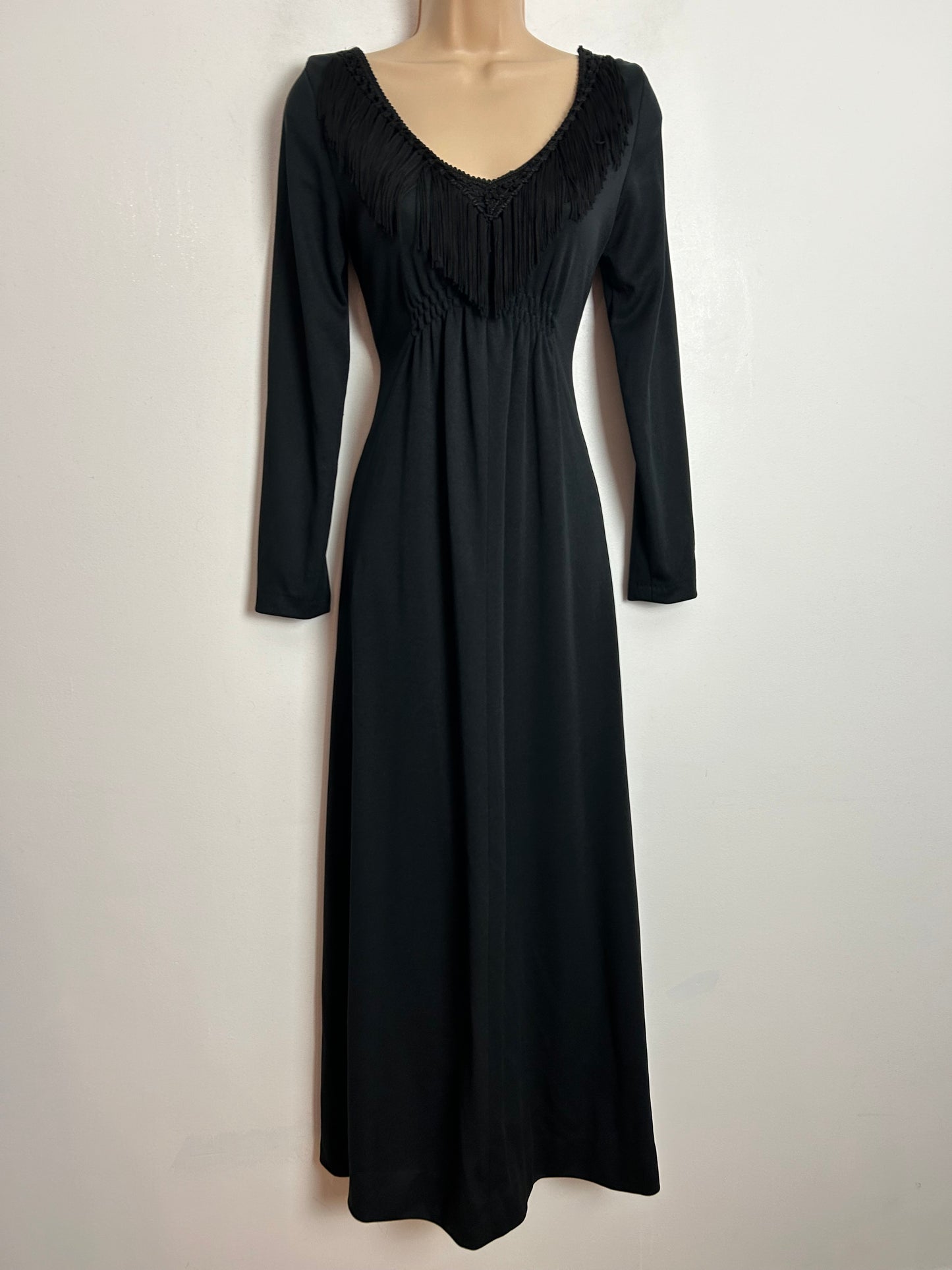 Vintage 1970S YOUNG IDEAS BY RHONA ROY UK Size 6 Black Fringed Detail Long Sleeve Evening Maxi Dress