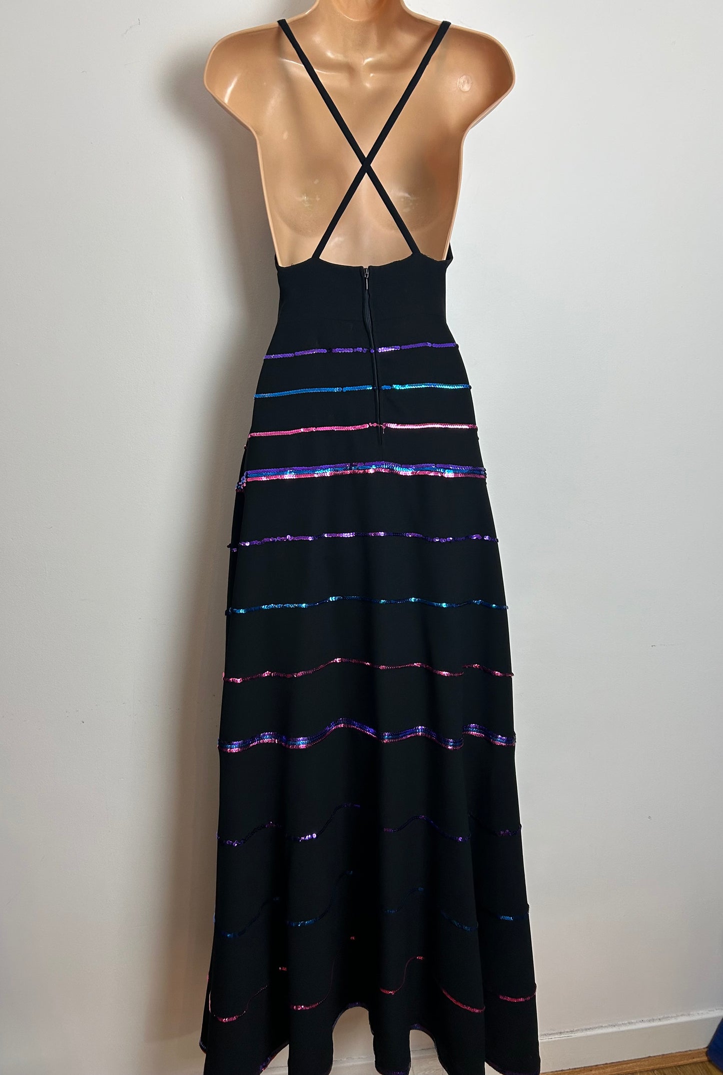 Vintage 1970s LOUIS FERAUD Size 6 Black Halterneck Purple Blue & Pink Sequin Detail Evening Party Maxi Dress